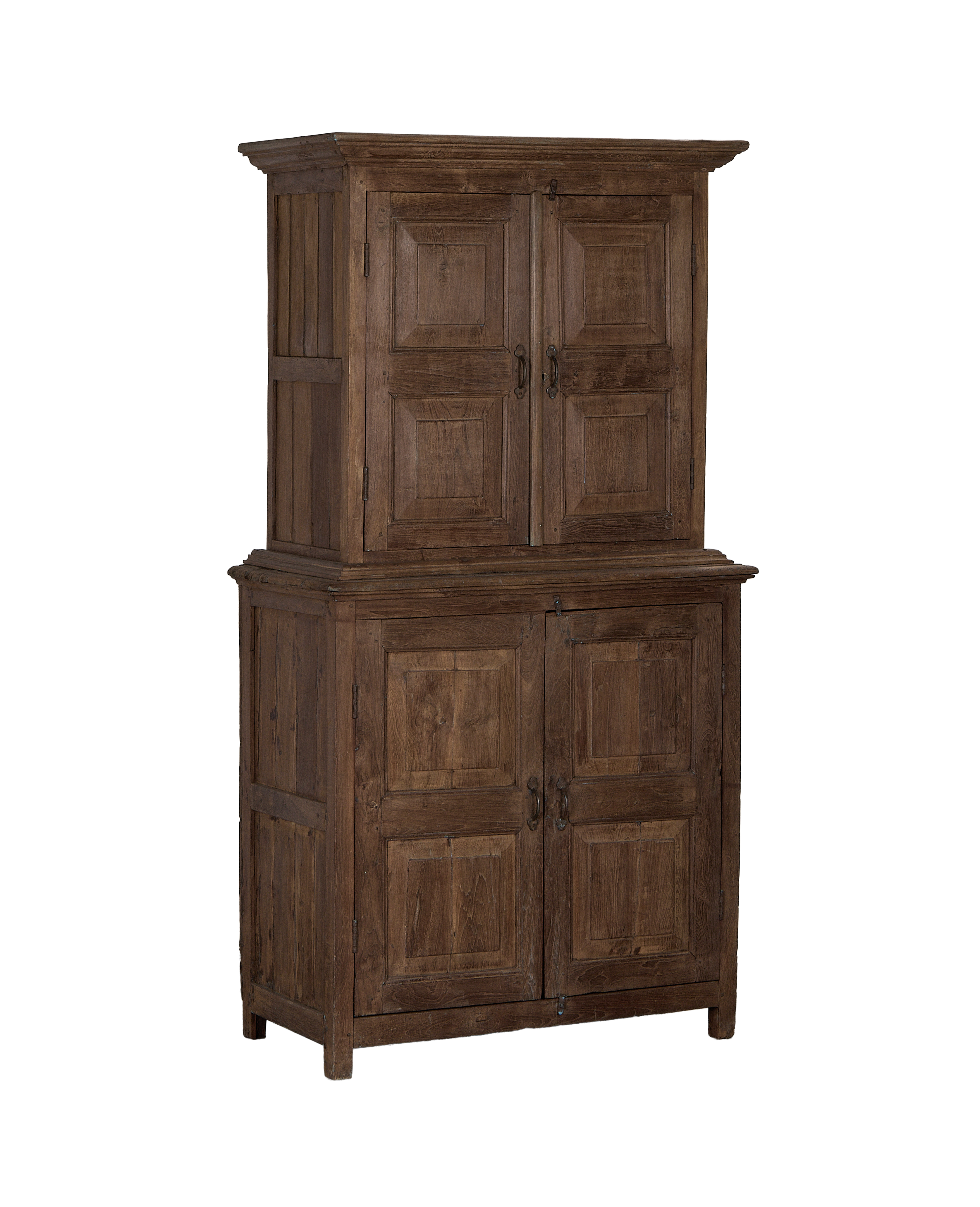 Vintage Indian oak wood cabinet, showing natural rustic condition with panel details.