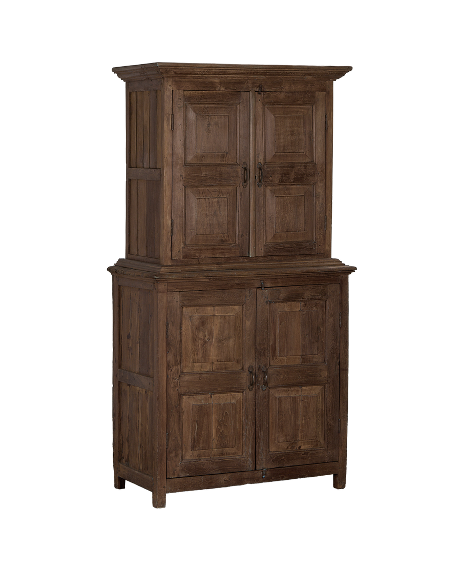 Vintage Indian oak wood cabinet, showing natural rustic condition with panel details.
