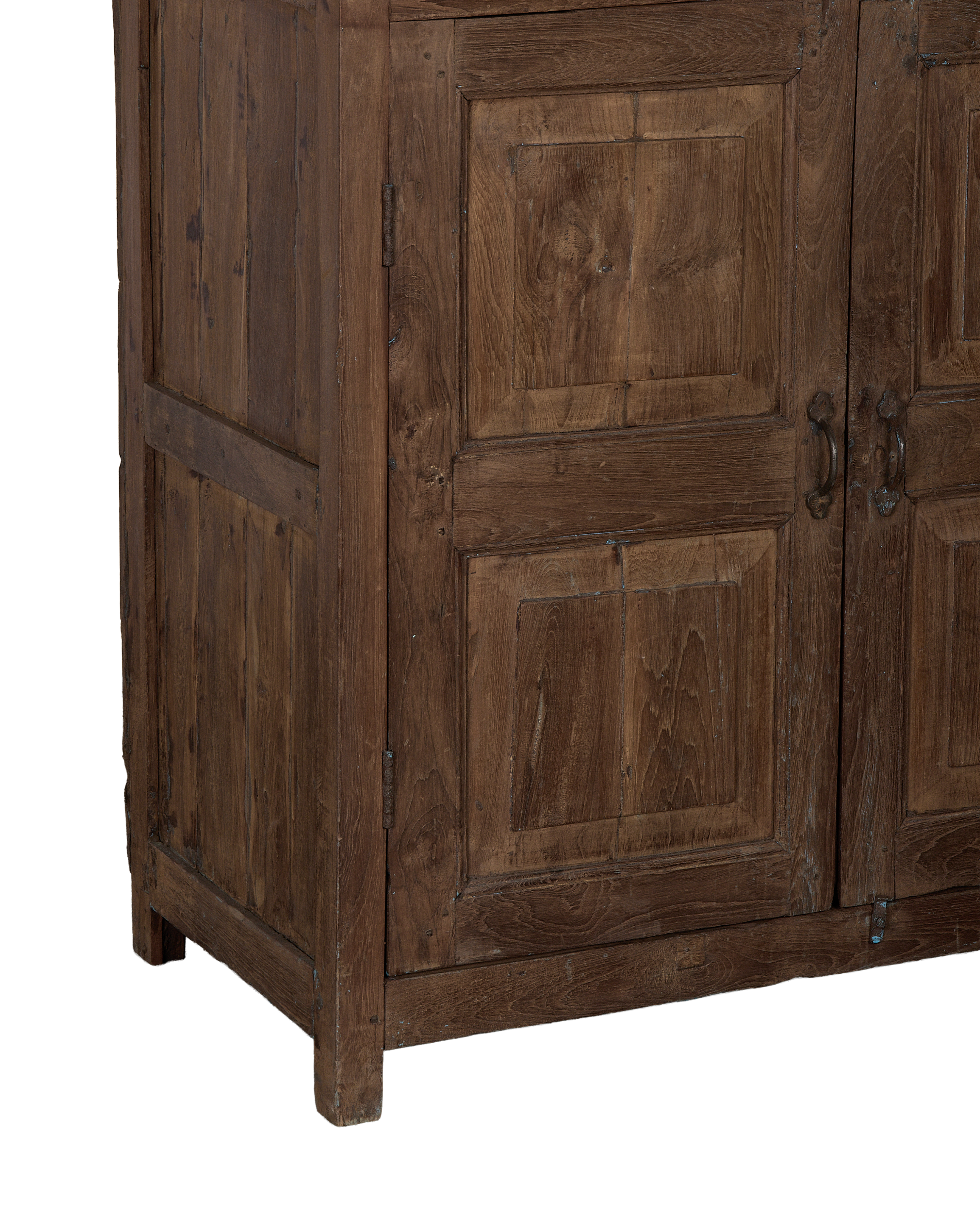 Vintage Indian oak wood cabinet, showing side panel, foot, and distressed wood grain.