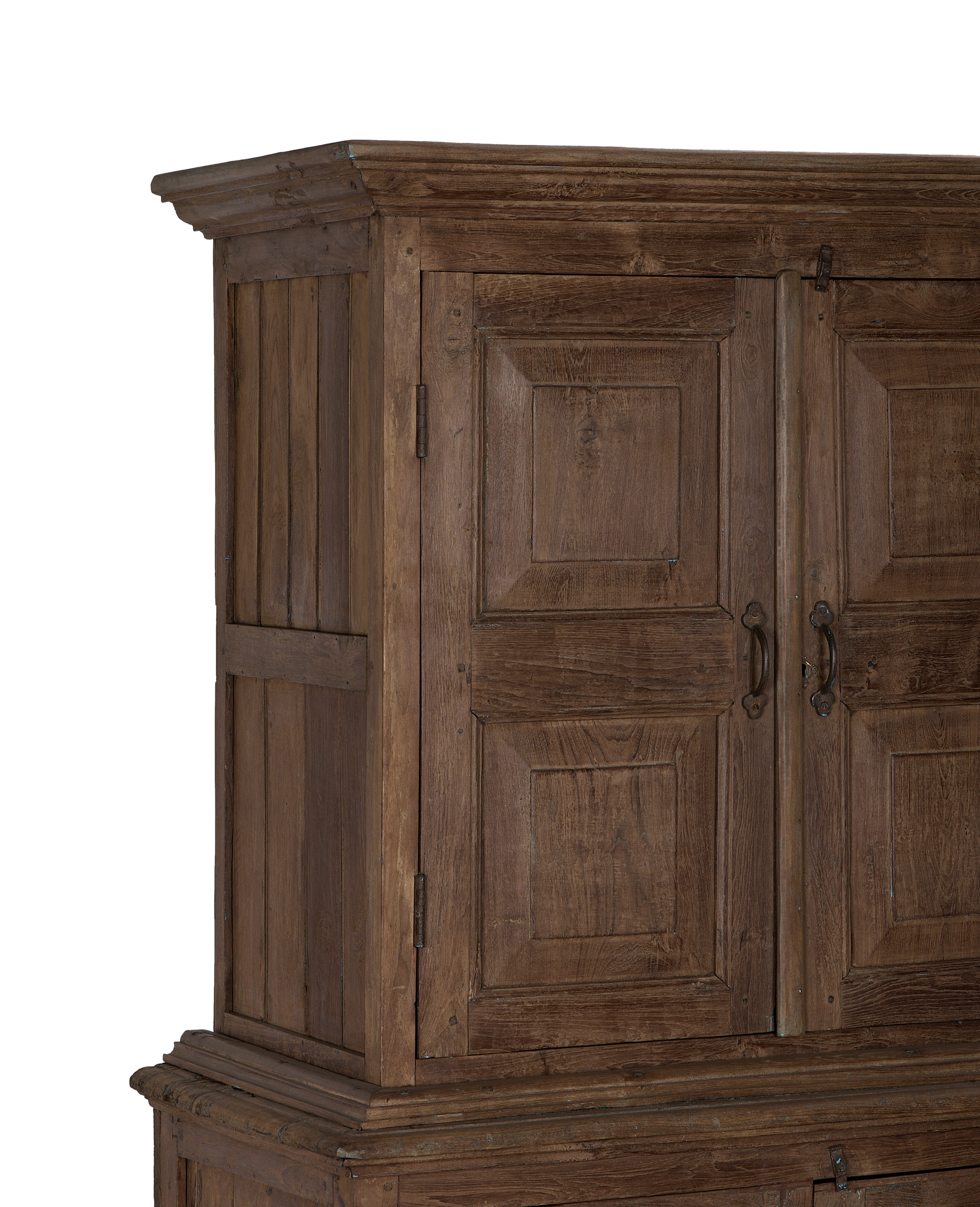 Vintage Oak Cabinet from India, showing rustic panels, hinges, and carved wooden details.
