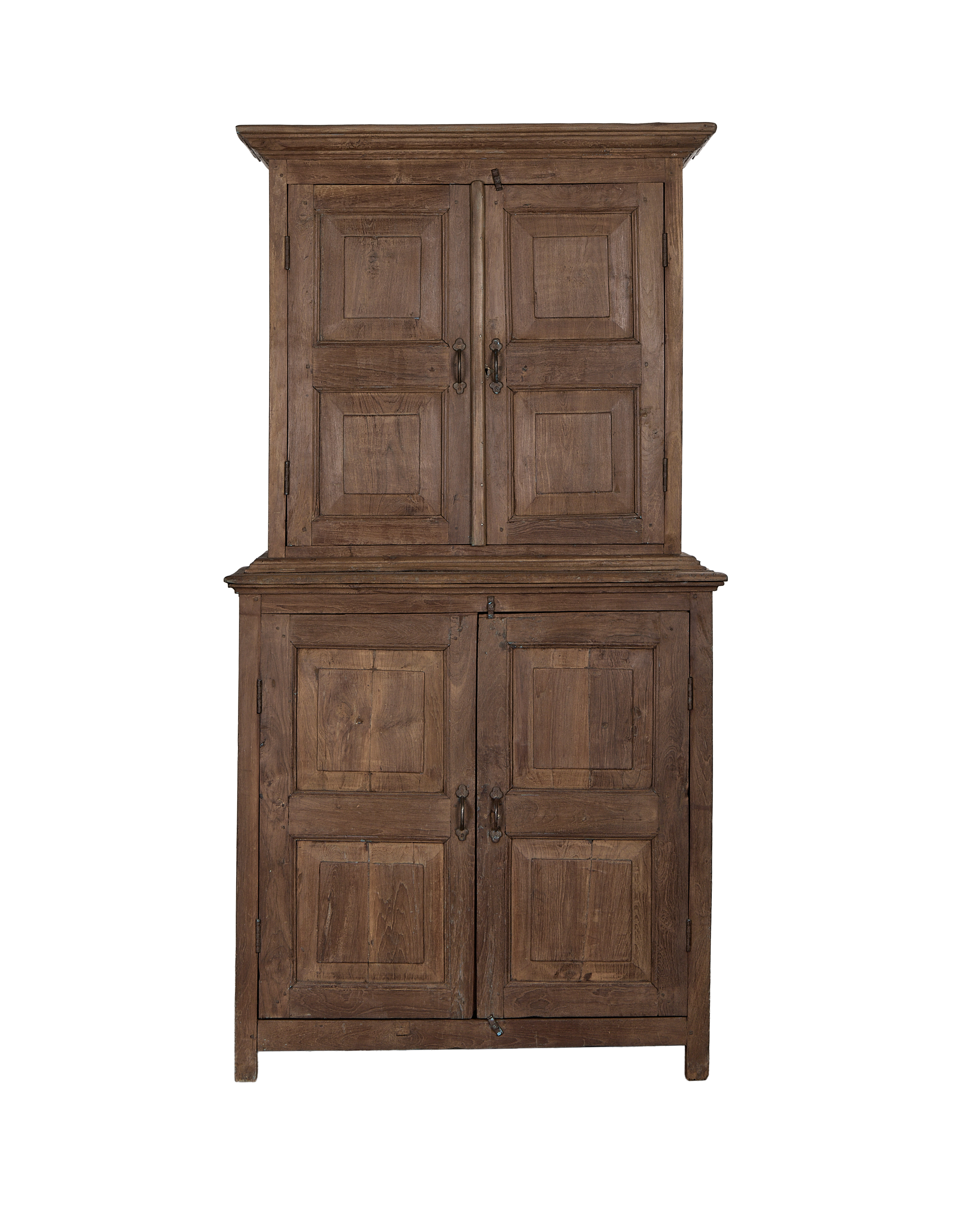 Vintage Indian oak wood display cabinet, natural brown finish, upper and lower double doors.