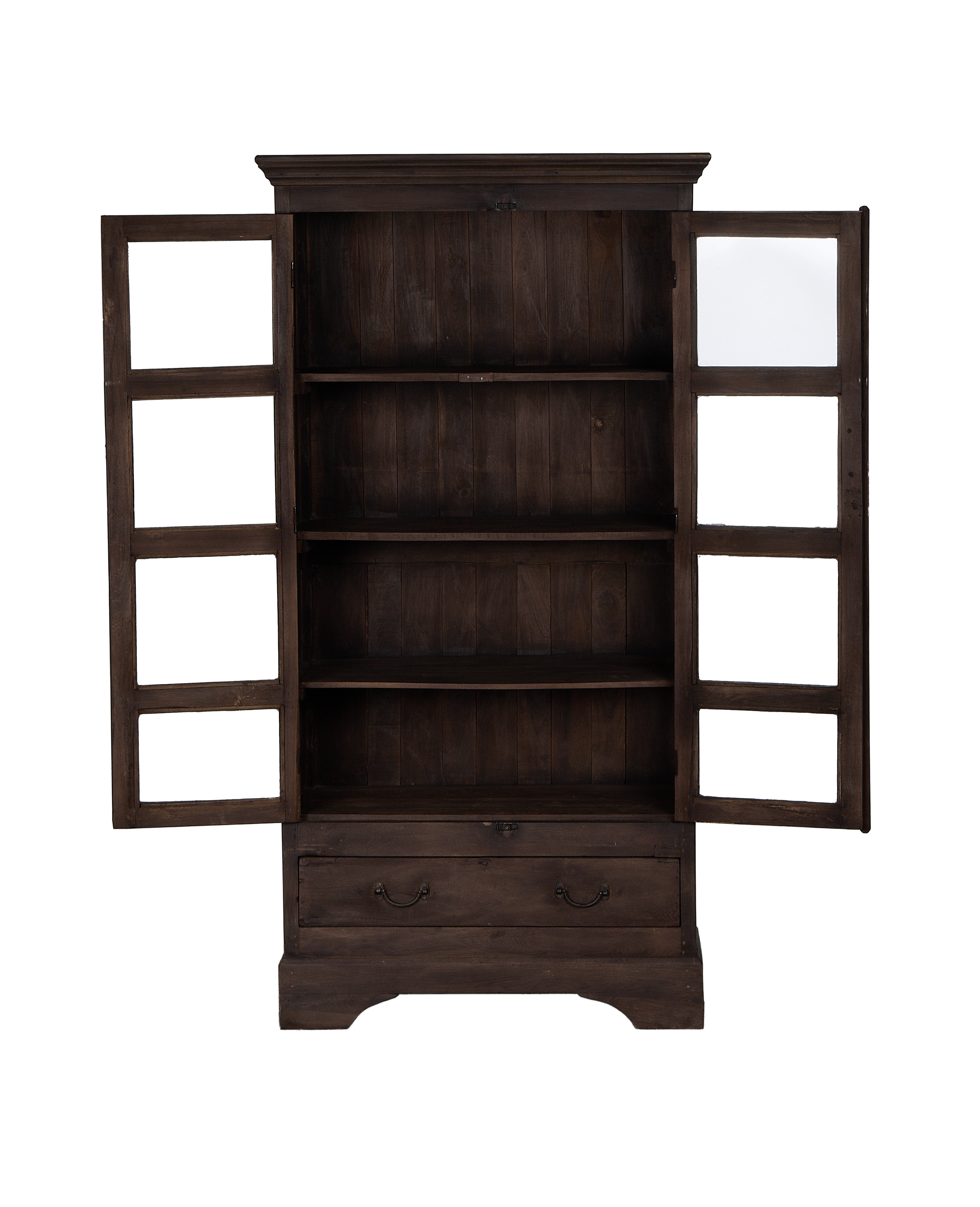 Vintage Indian OAK wood secretary cabinet, stained dark, with open doors showcasing interior shelves and drawers.