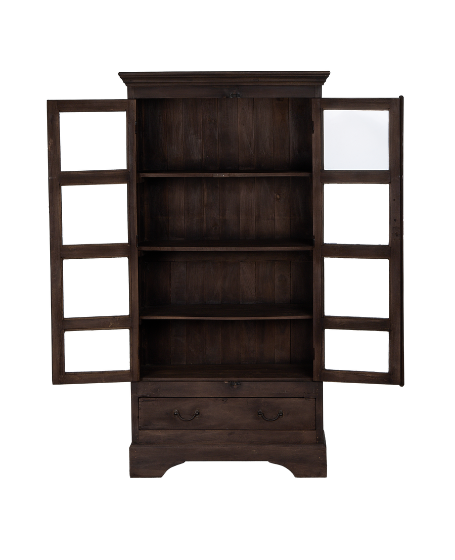 Vintage Indian OAK wood secretary cabinet, stained dark, with open doors showcasing interior shelves and drawers.