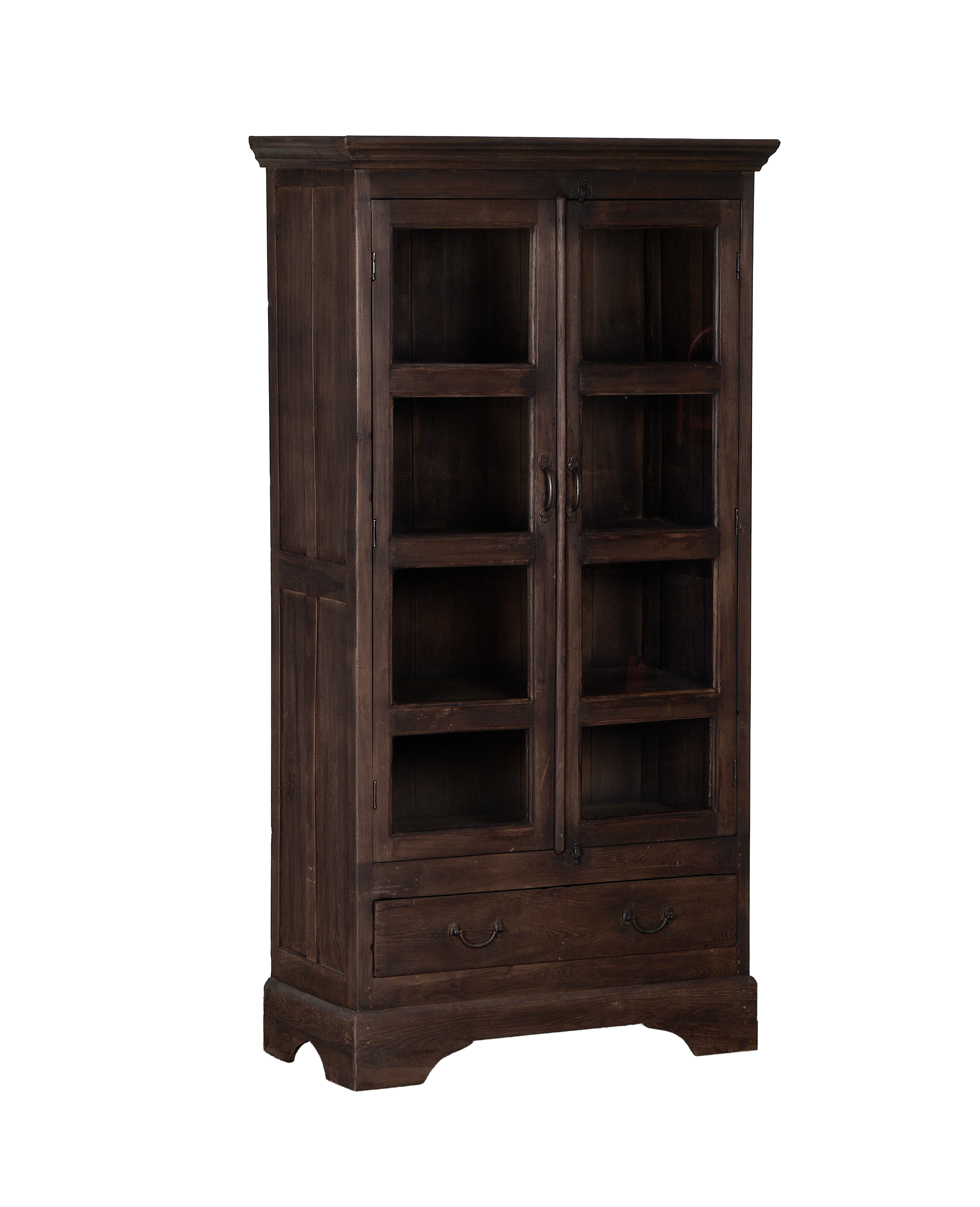 Vintage dark stained OAK wood cabinet from India, full front view.