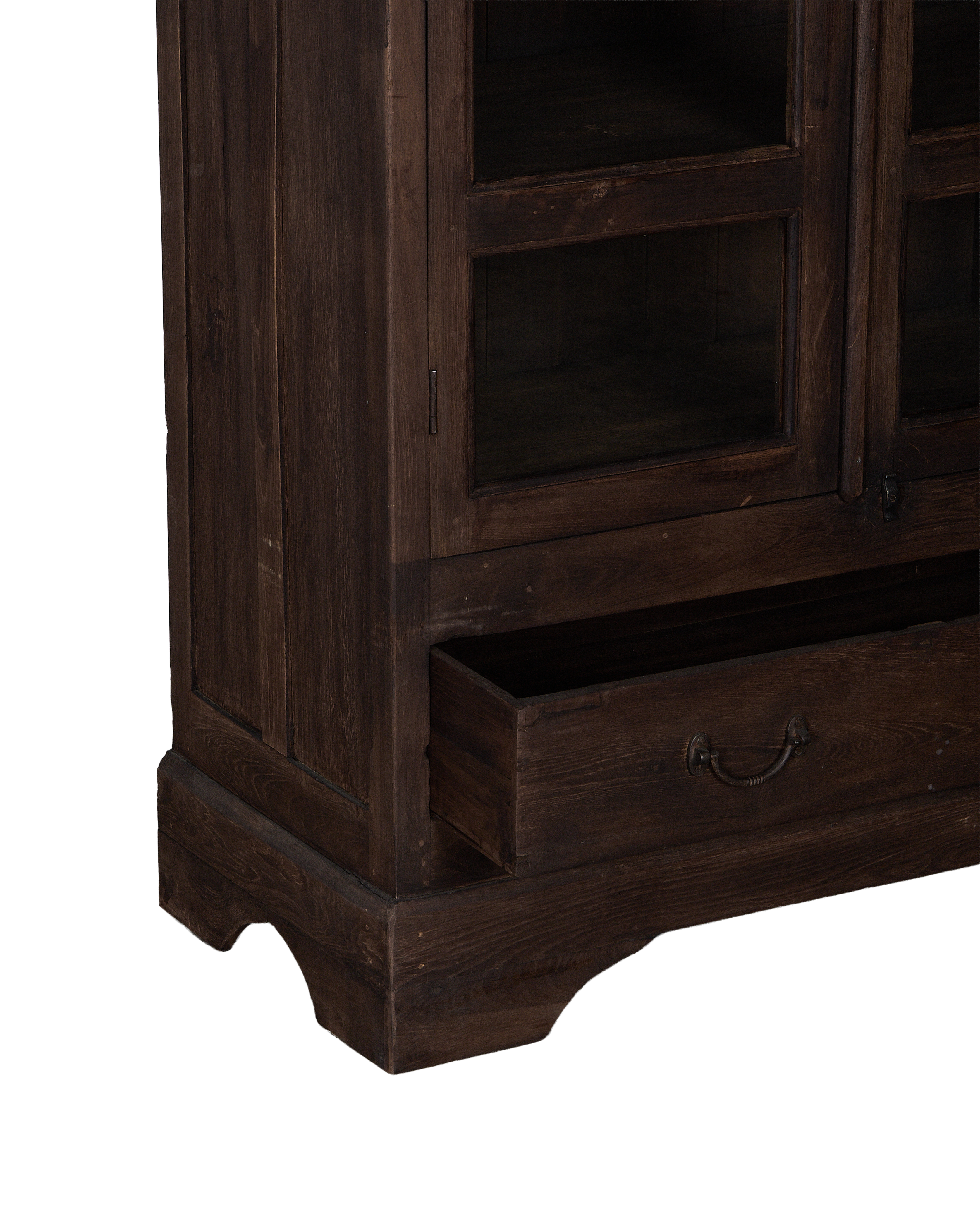 Vintage oak wood India cabinet with open drawer, detailed brass handle.