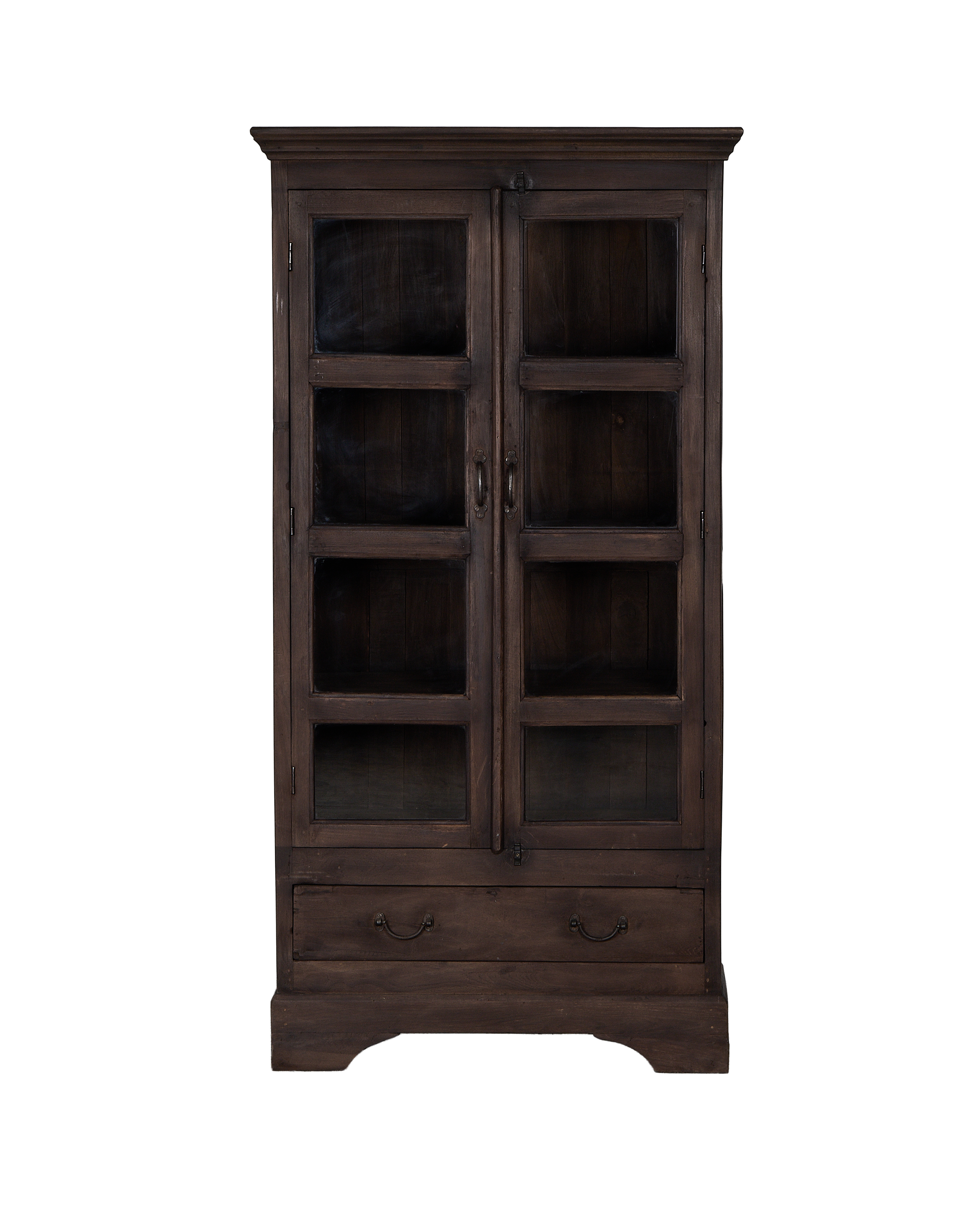 Vintage stained Oak wood cabinet from India, featuring glass doors and a lower drawer.