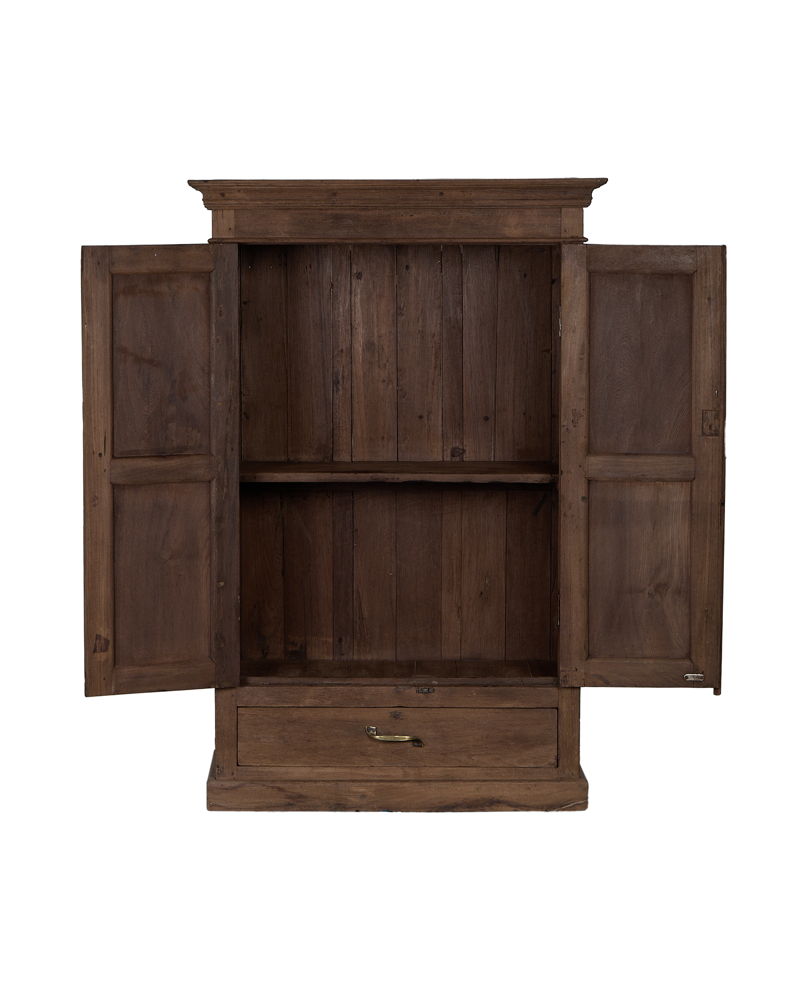 Vintage Indian oak cabinet interior, depicting open doors, an internal shelf and a bottom drawer.