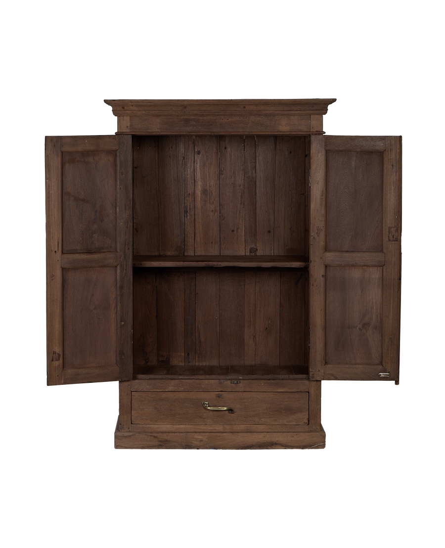 Vintage Indian oak cabinet interior, depicting open doors, an internal shelf and a bottom drawer.