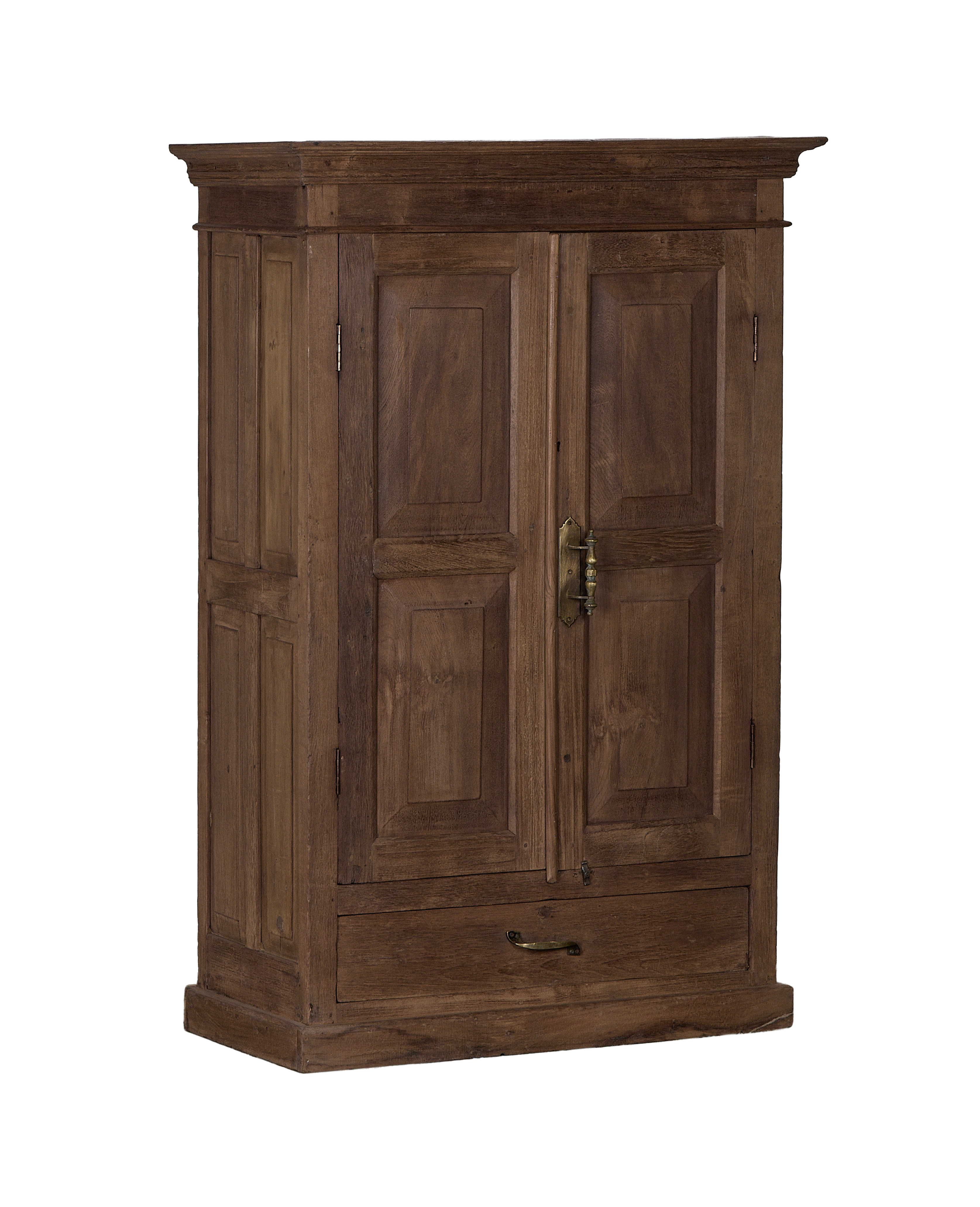 Full-length view of vintage Indian oak wood cabinet, rustic natural finish with brass latch.