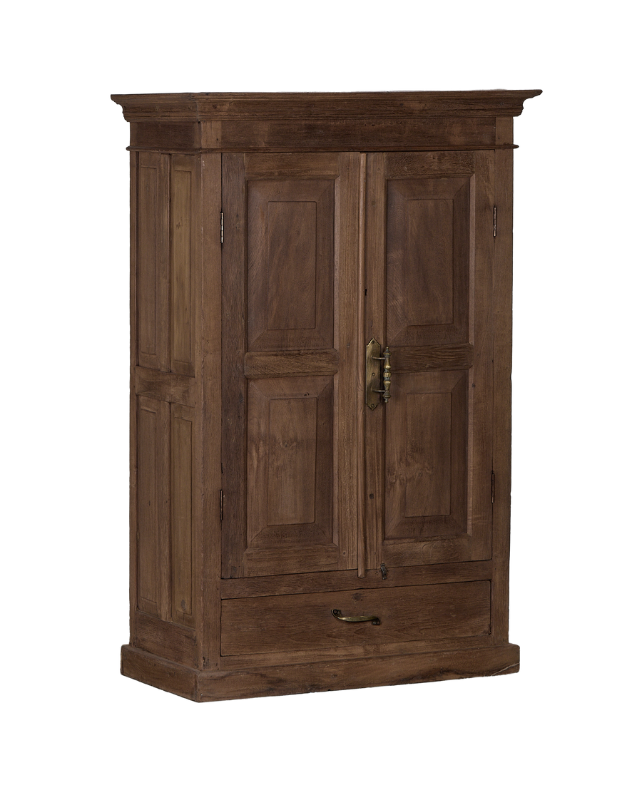 Full-length view of vintage Indian oak wood cabinet, rustic natural finish with brass latch.