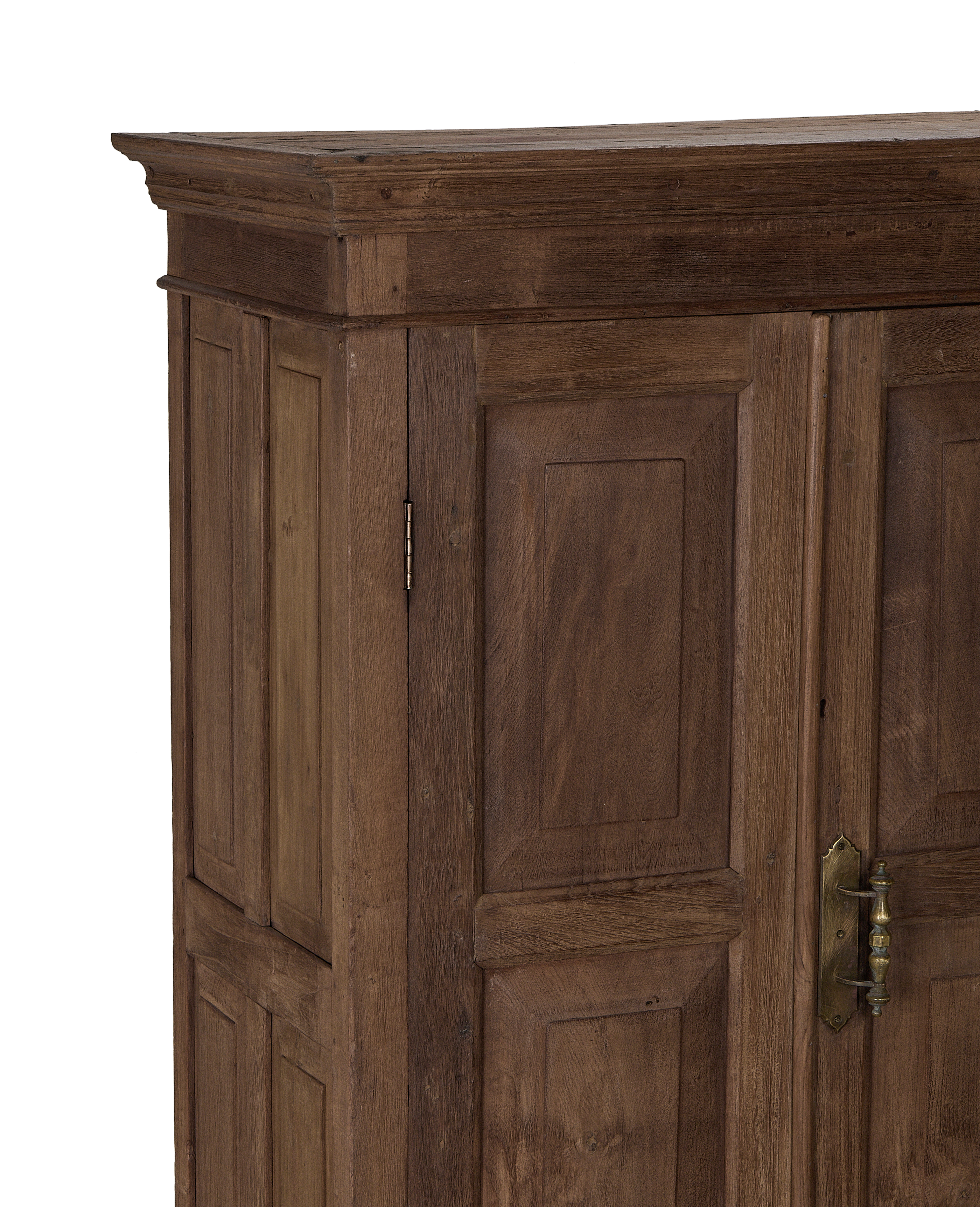 Vintage natural oak cabinet, Indian style, showing distressed wood finish and antique brass hardware.