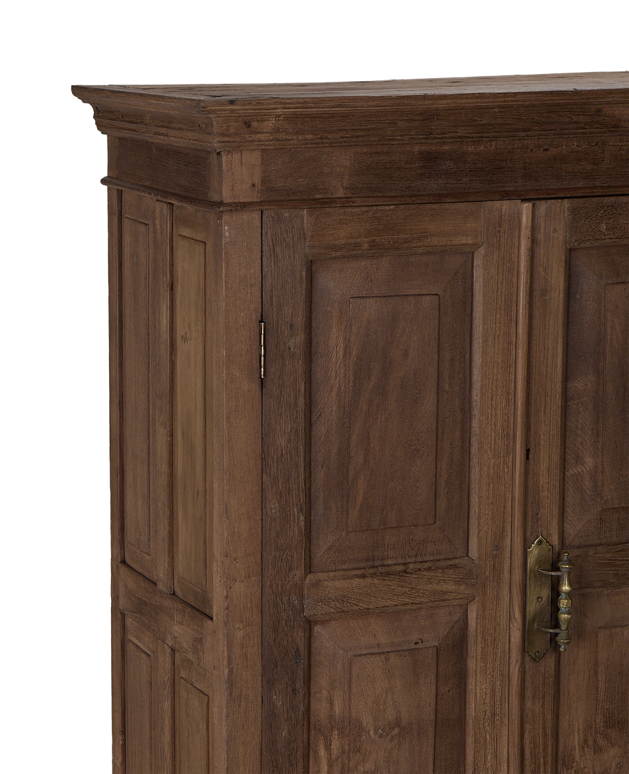 Vintage natural oak cabinet, Indian style, showing distressed wood finish and antique brass hardware.
