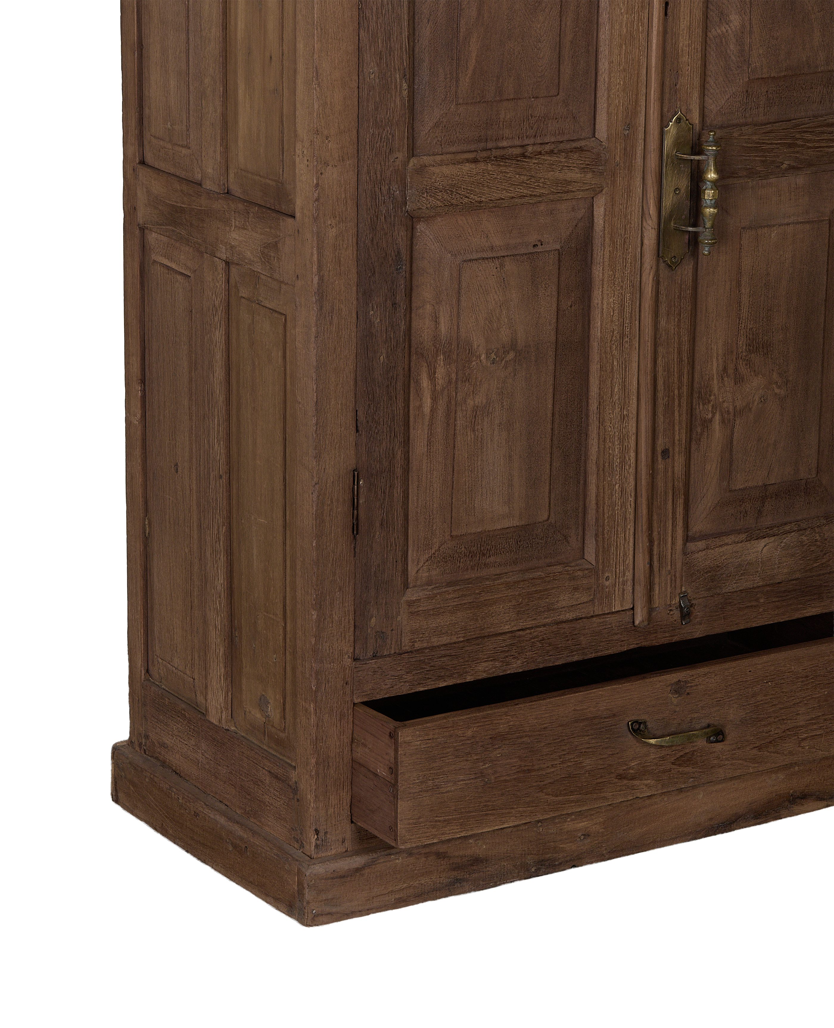 Natural oak vintage Indian wood cabinet with an open lower drawer displaying brass pull.