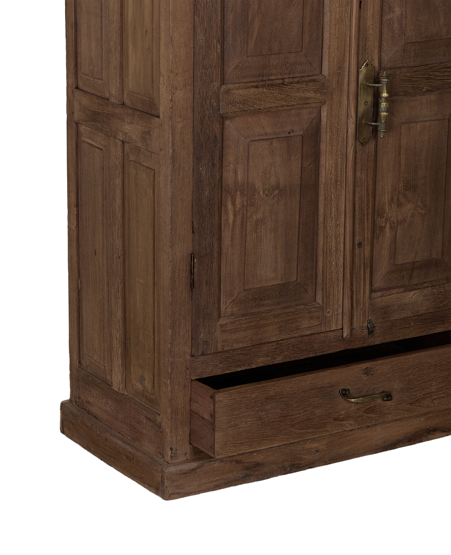 Natural oak vintage Indian wood cabinet with an open lower drawer displaying brass pull.