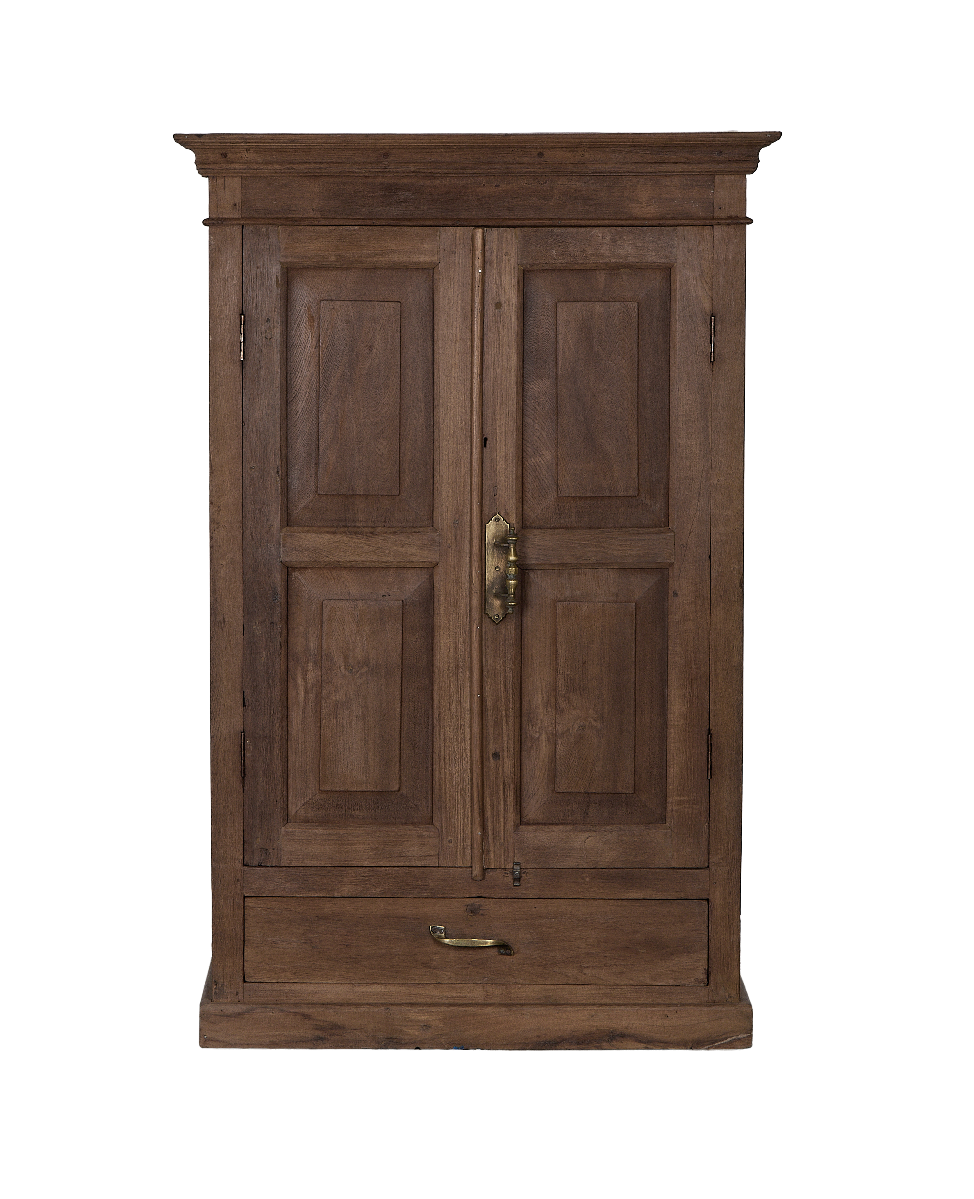 Vintage Indian oak wood cabinet, natural finish, featuring two doors and single drawer.
