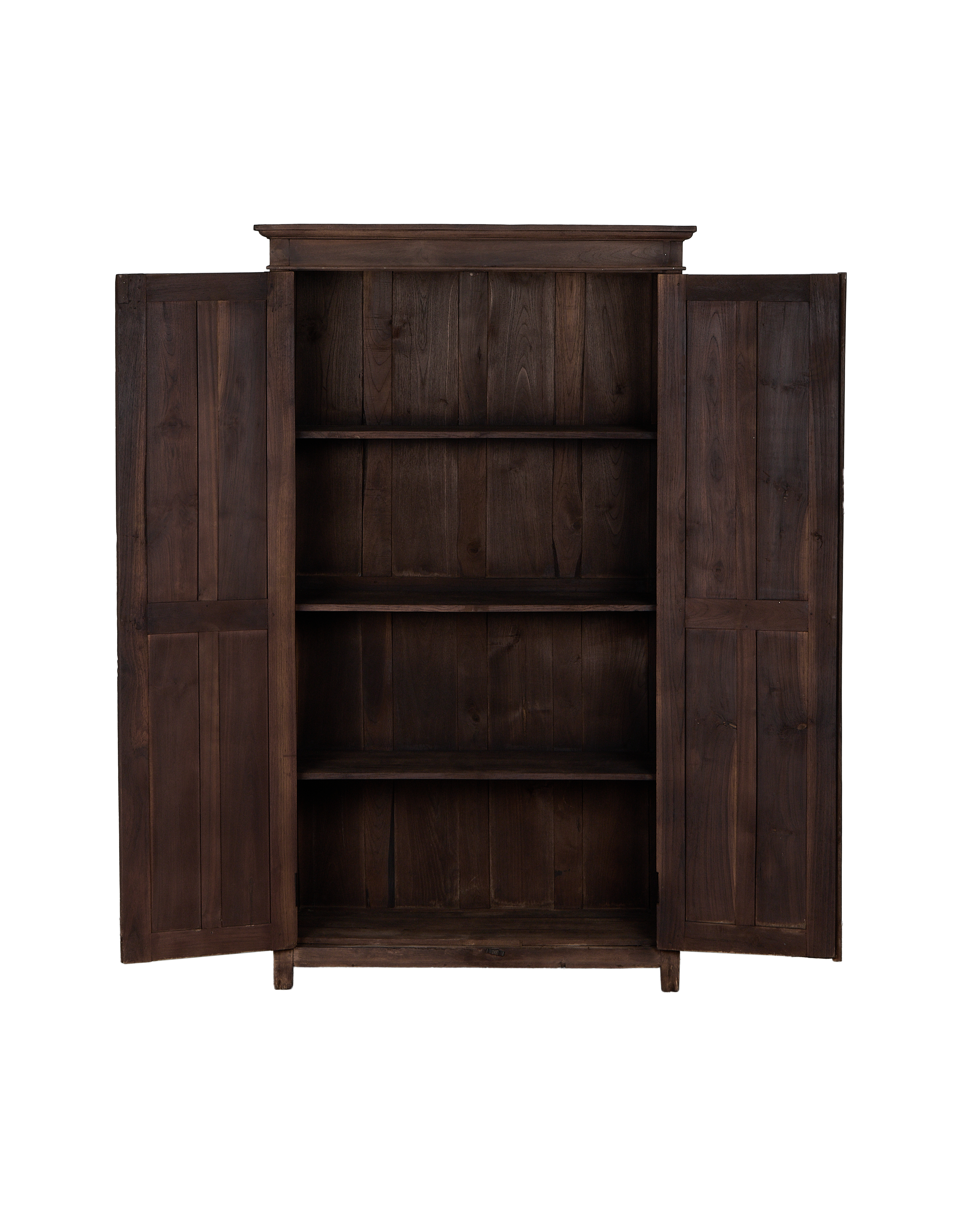Vintage Indian oak cabinet, doors open, revealing four natural wood shelves.