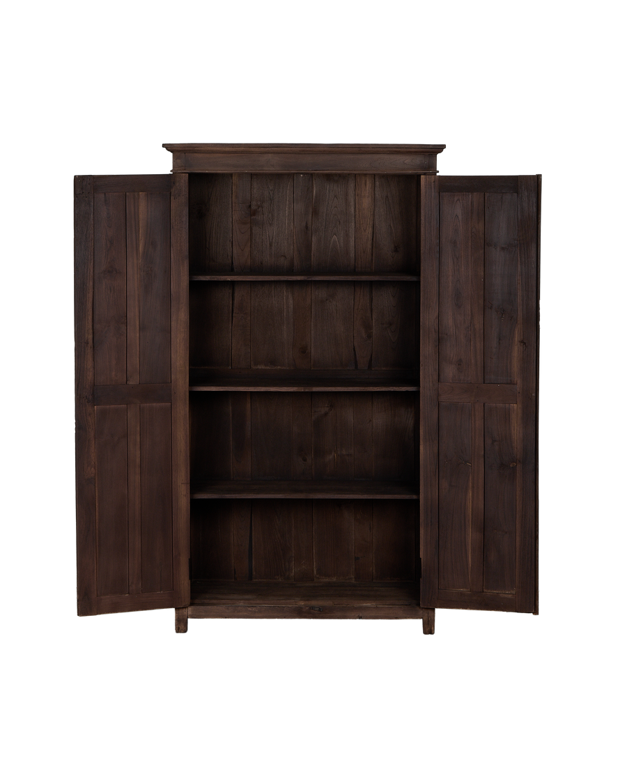 Vintage Indian oak cabinet, doors open, revealing four natural wood shelves.