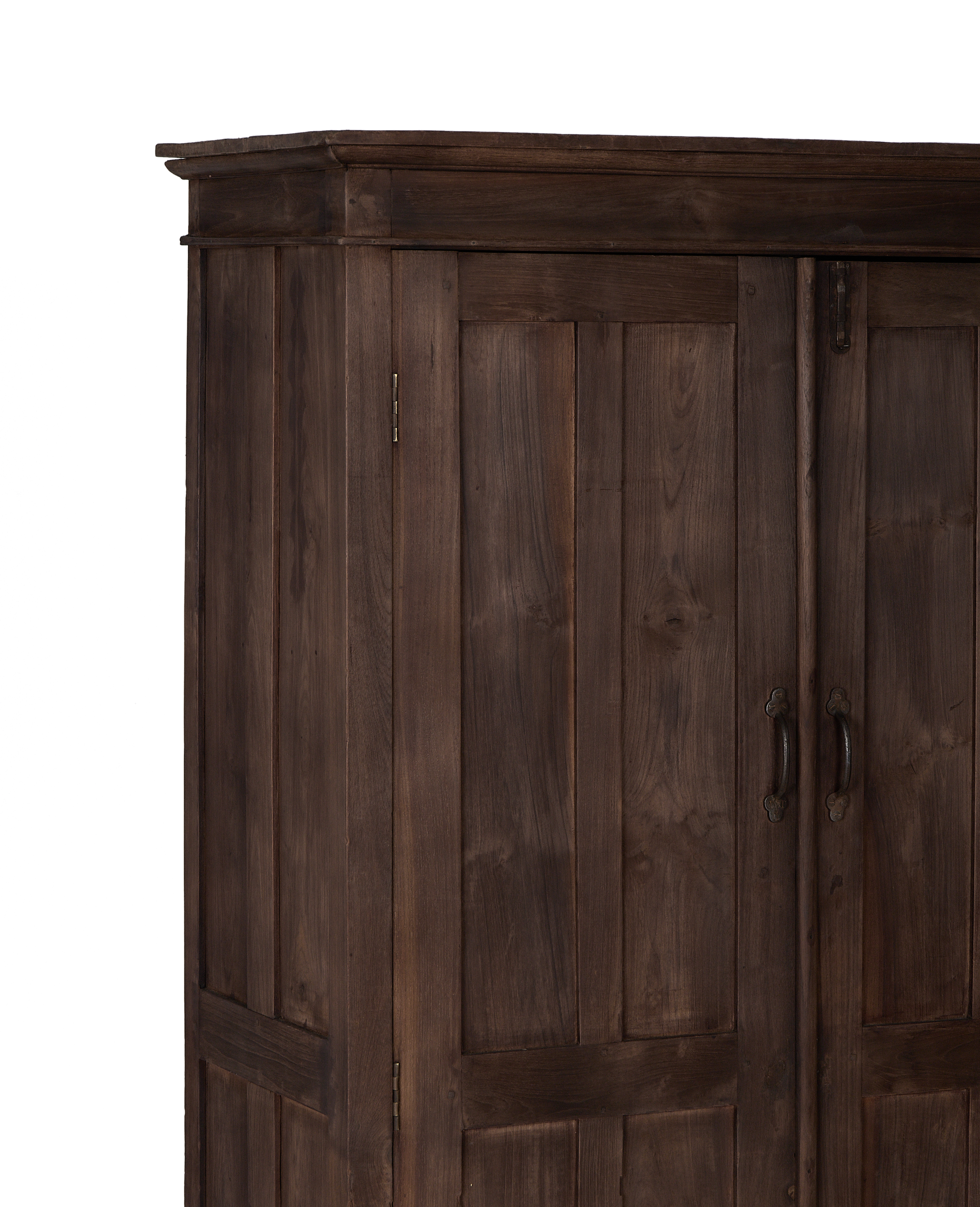 Vintage Indian oak wood cabinet, showing decorative top trim and right door handles.