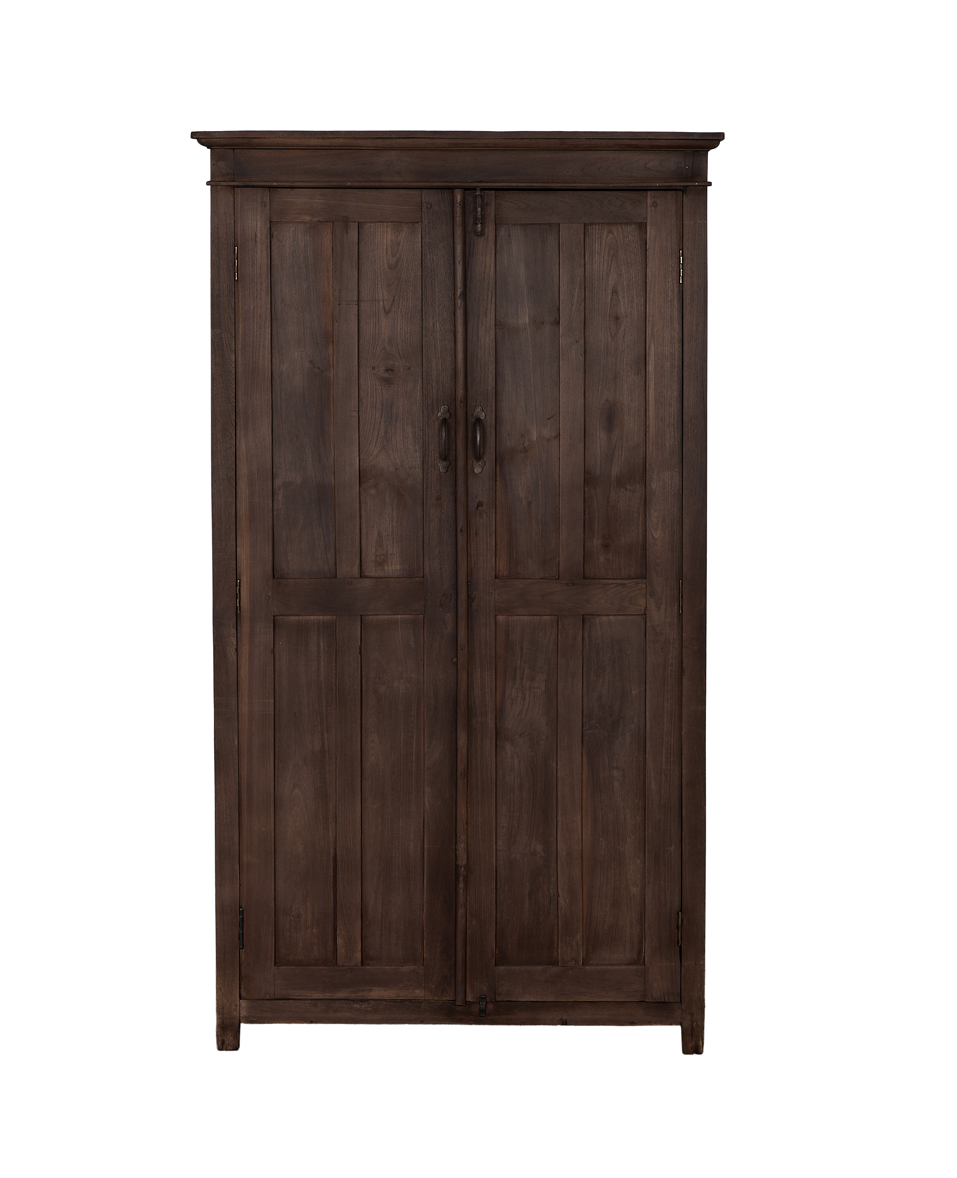 Vintage Indian dark oak wood cabinet, two paneled doors, natural rustic finish.