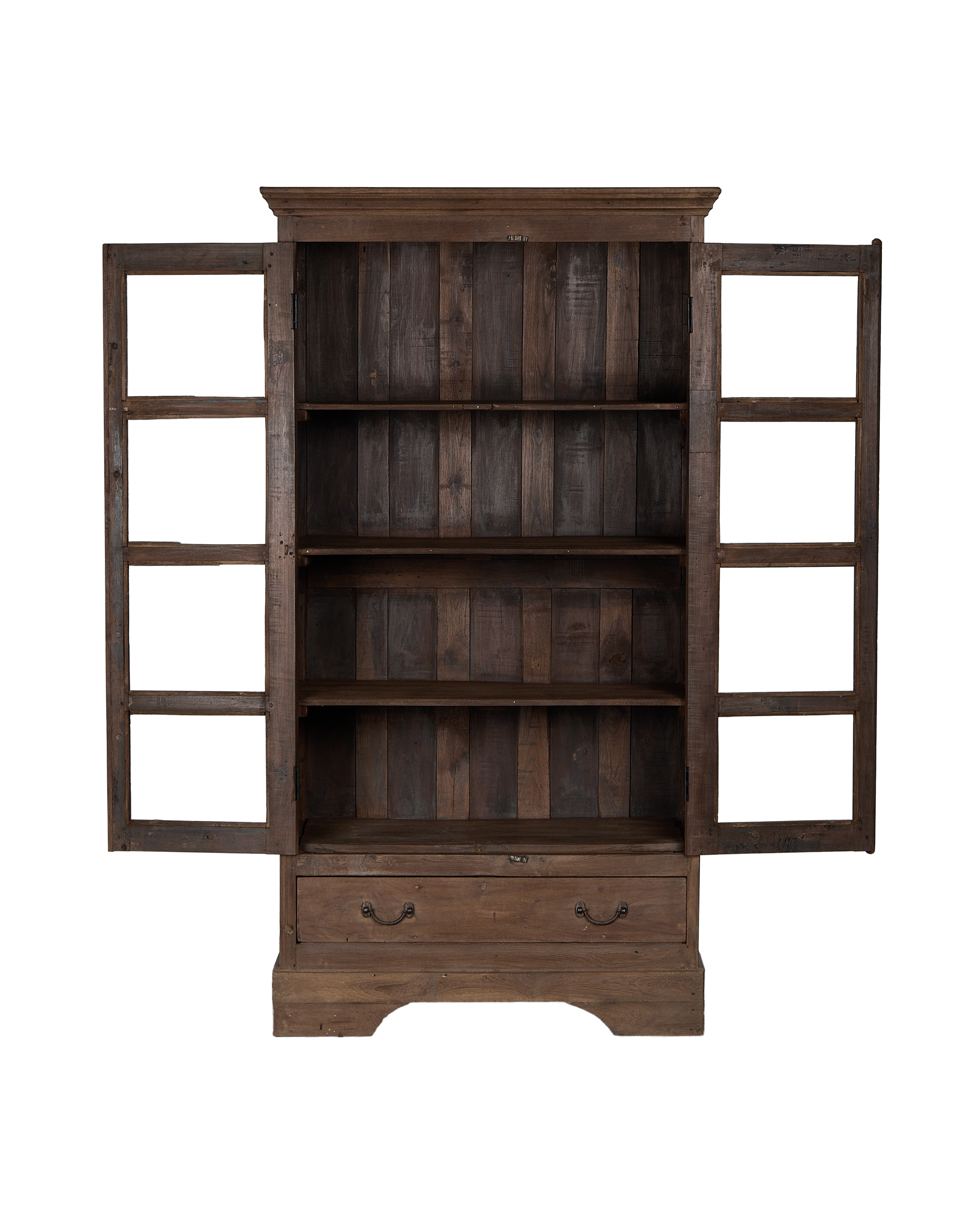 Vintage Indian oak cabinet, doors open revealing natural distressed wood shelves and drawers.