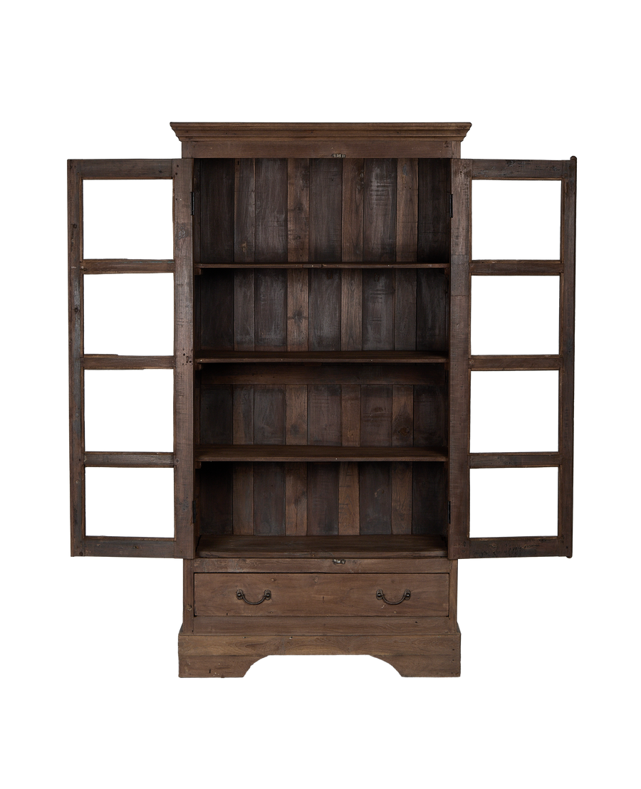 Vintage Indian oak cabinet, doors open revealing natural distressed wood shelves and drawers.