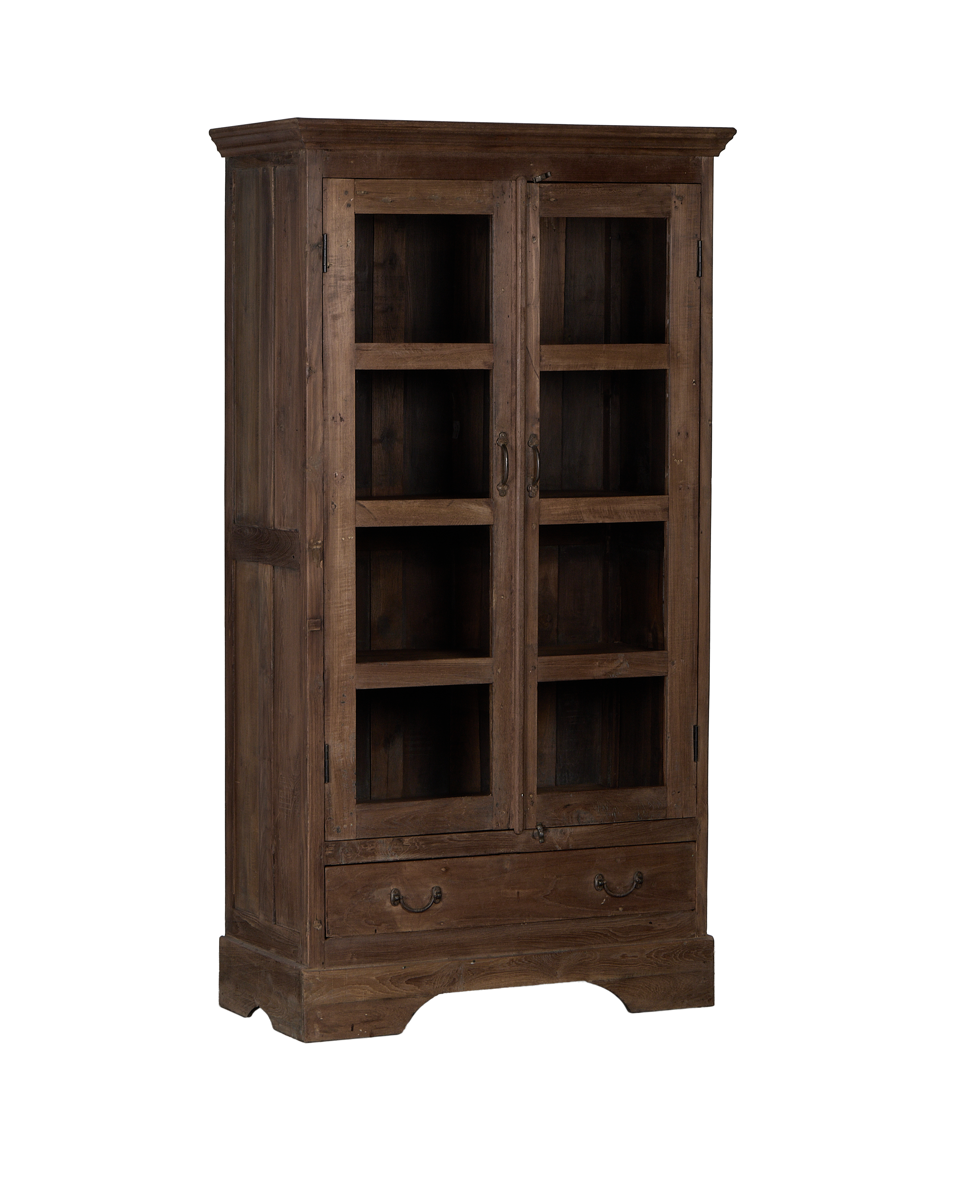 Vintage Indian oak cabinet, full frontal view, showing glass doors, shelves, and lower drawers.