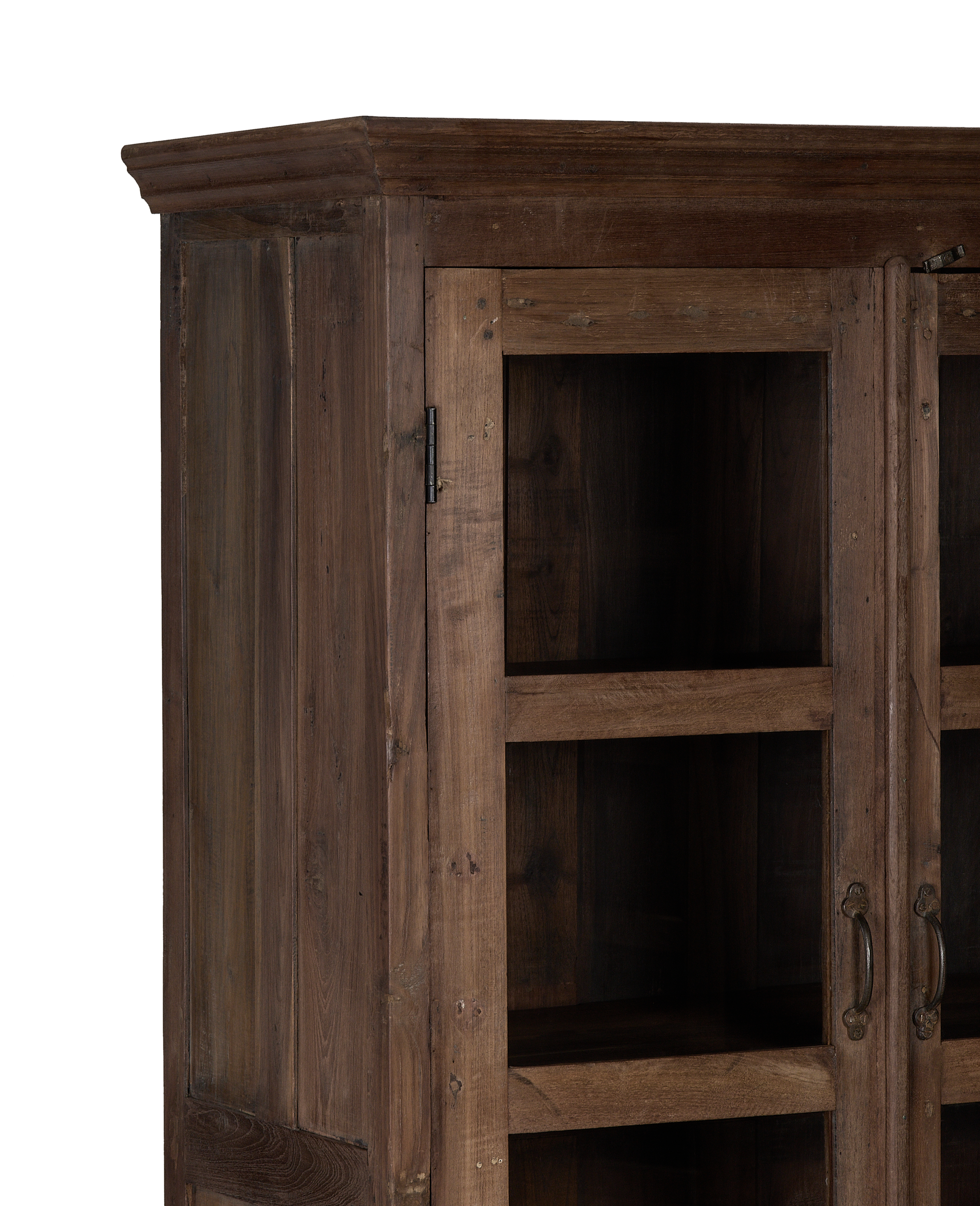 Vintage oak cabinet from India, showing weathered wood grain details and glass door panels.
