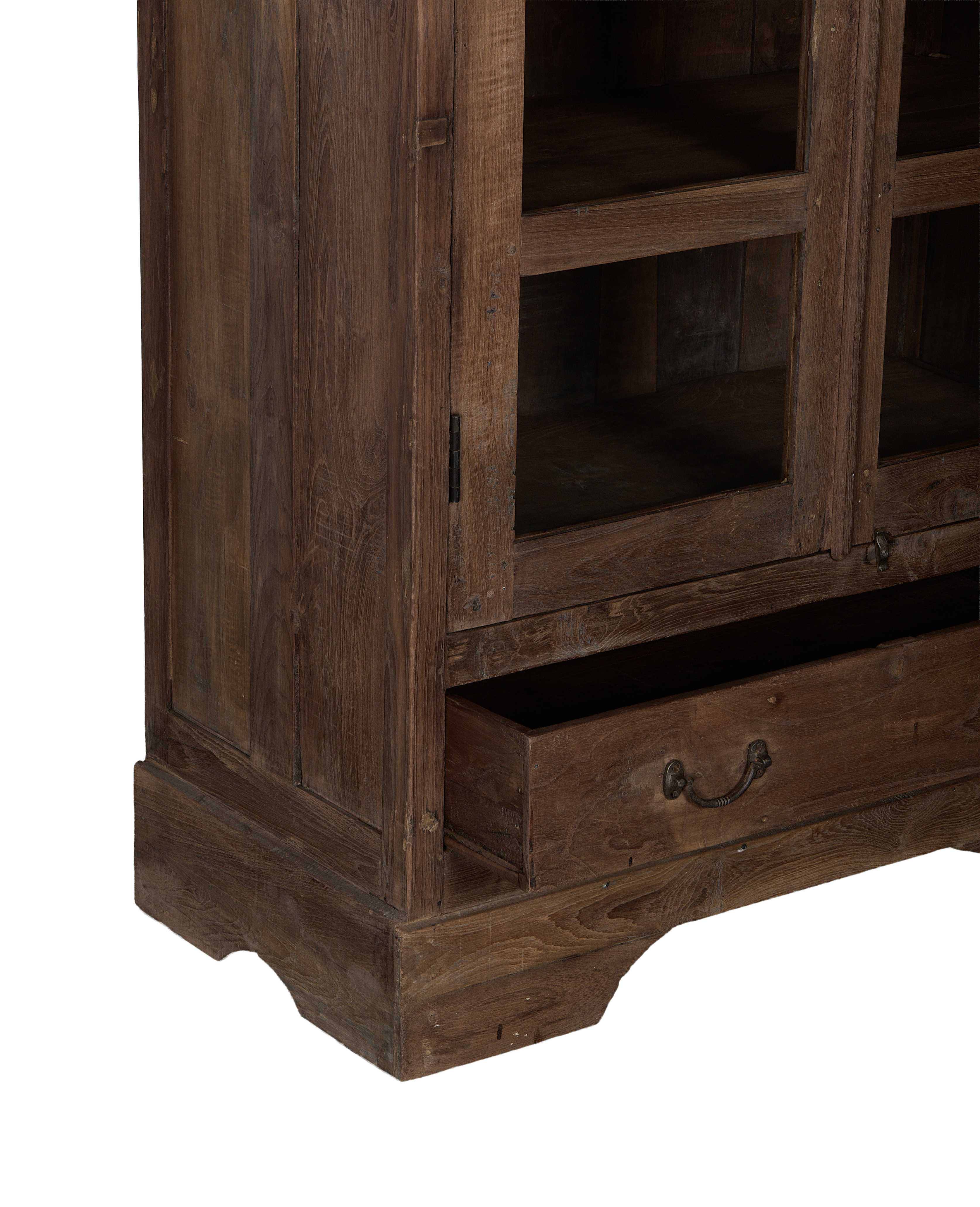 Vintage oak cabinet from India, close up of opened drawer, rustic handle, natural wood condition.