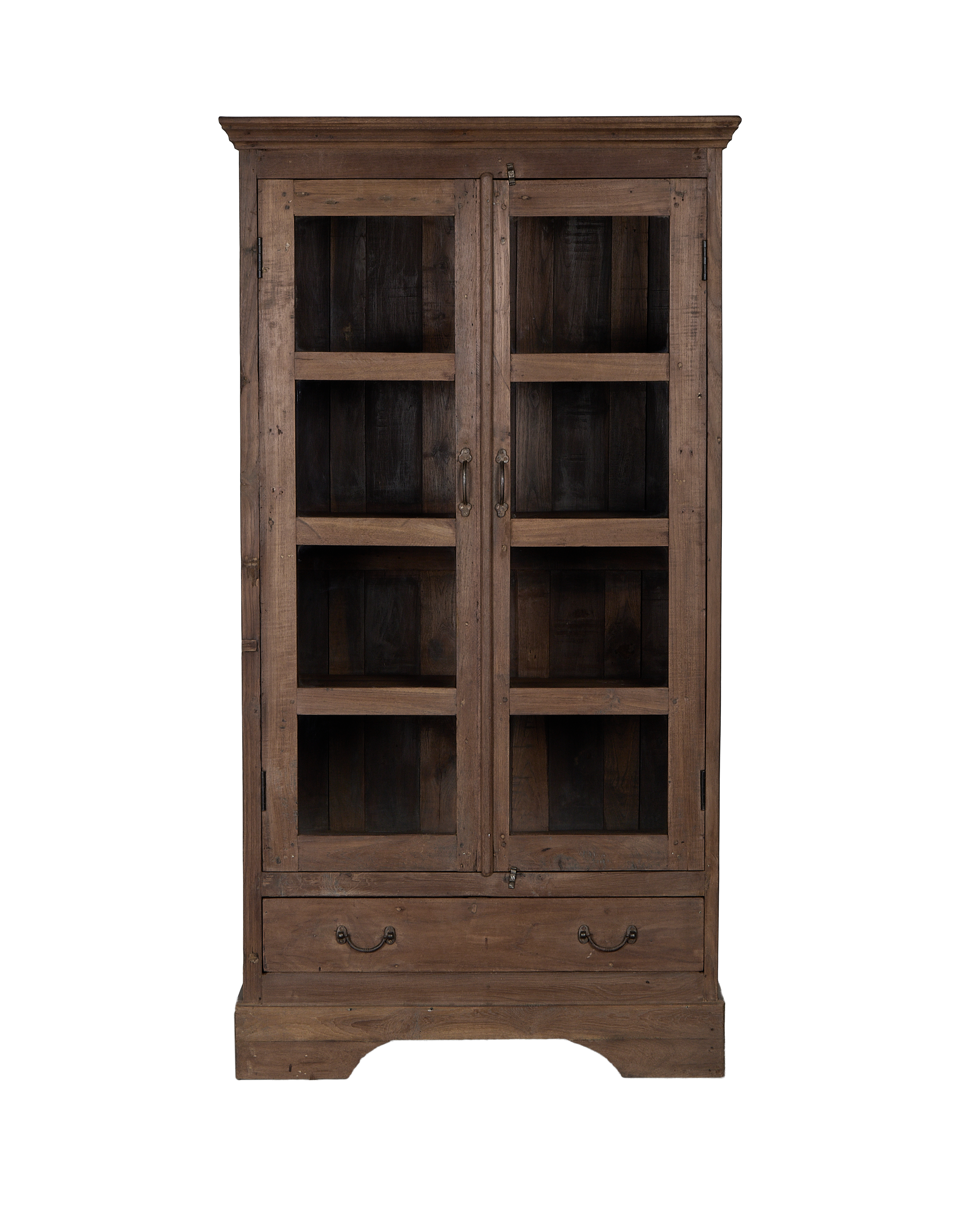 Vintage Indian oak wood cabinet, natural finish, featuring glass-paneled doors and bottom drawer.