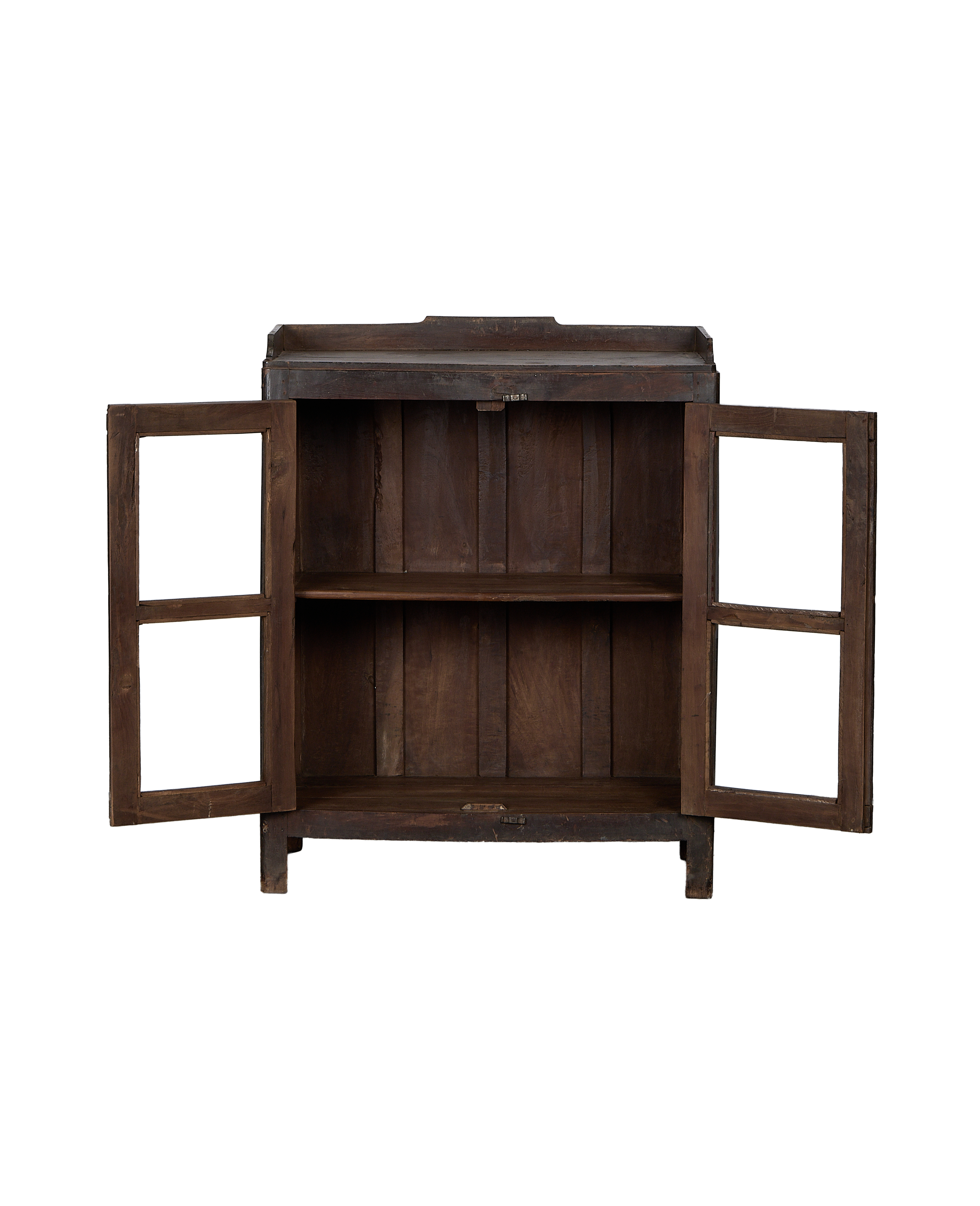 Vintage Indian natural oak wood cabinet, doors open showing shelves, distressed condition.
