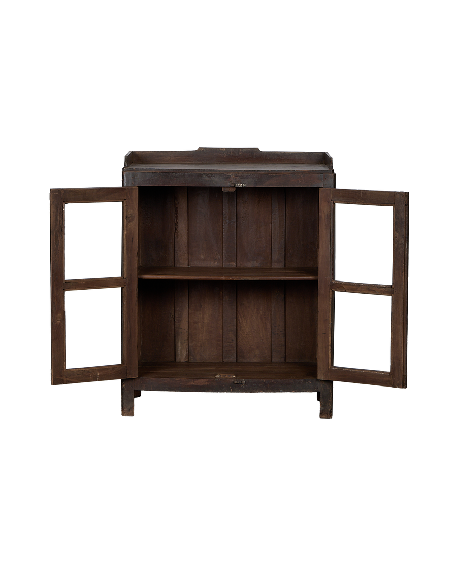 Vintage Indian natural oak wood cabinet, doors open showing shelves, distressed condition.