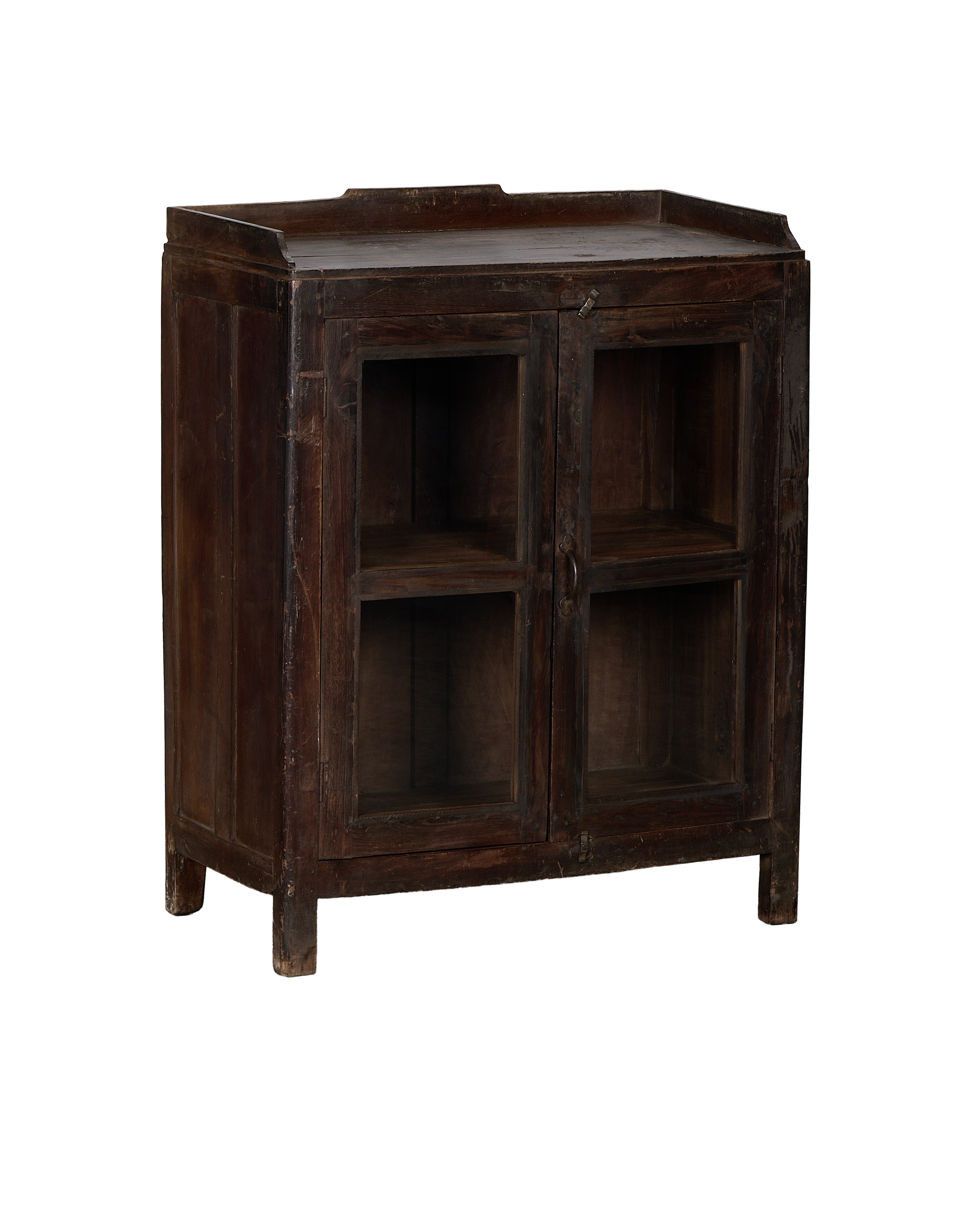 Vintage Indian oak cabinet, full shot showing natural dark wood, glazed cabinet doors.