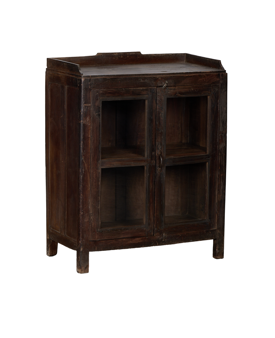 Vintage Indian oak cabinet, full shot showing natural dark wood, glazed cabinet doors.