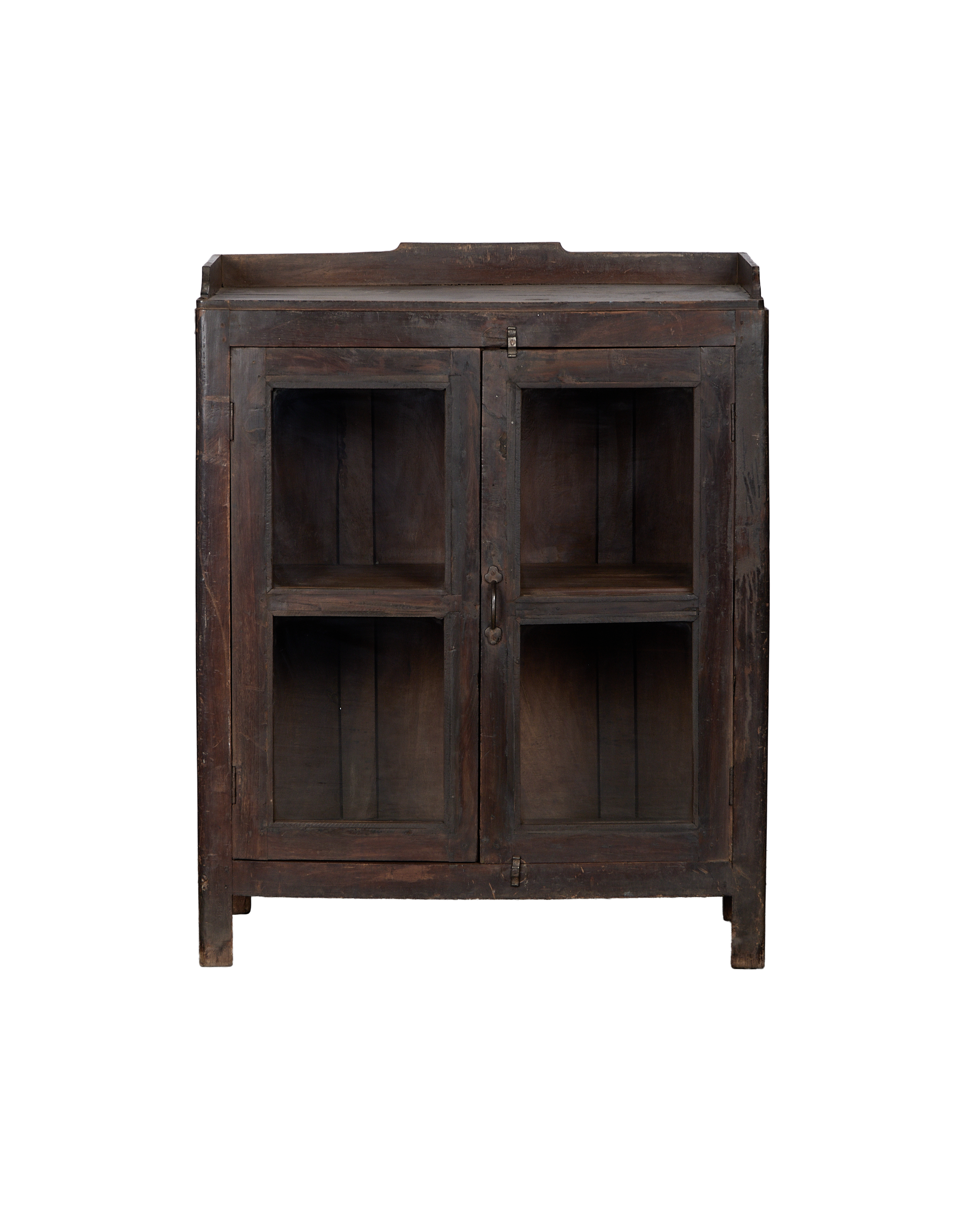 Vintage dark oak Indian cabinet with two glass doors and natural distressed finish.