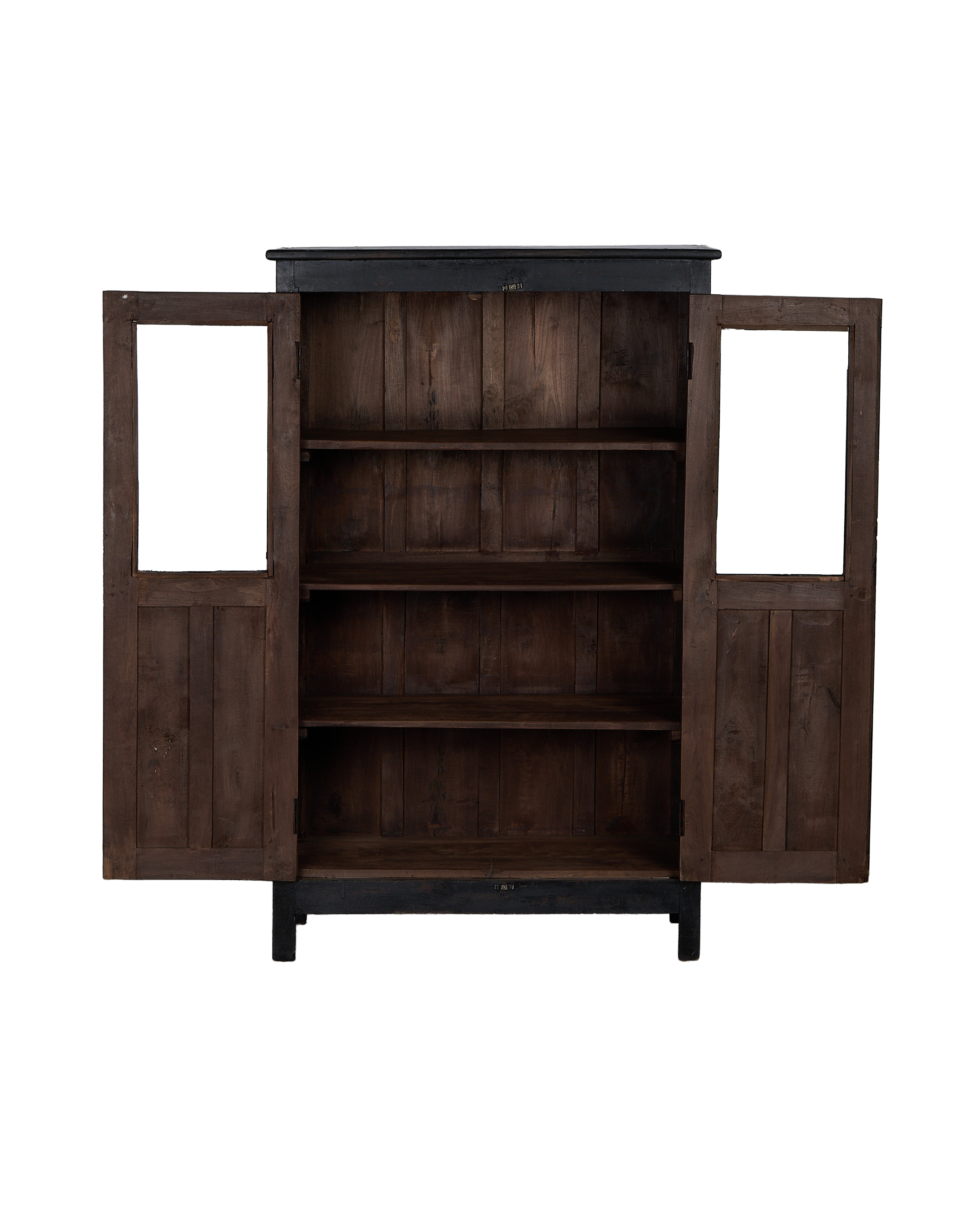 Vintage Indian OAK wood cabinet shown open, revealing three interior shelves.