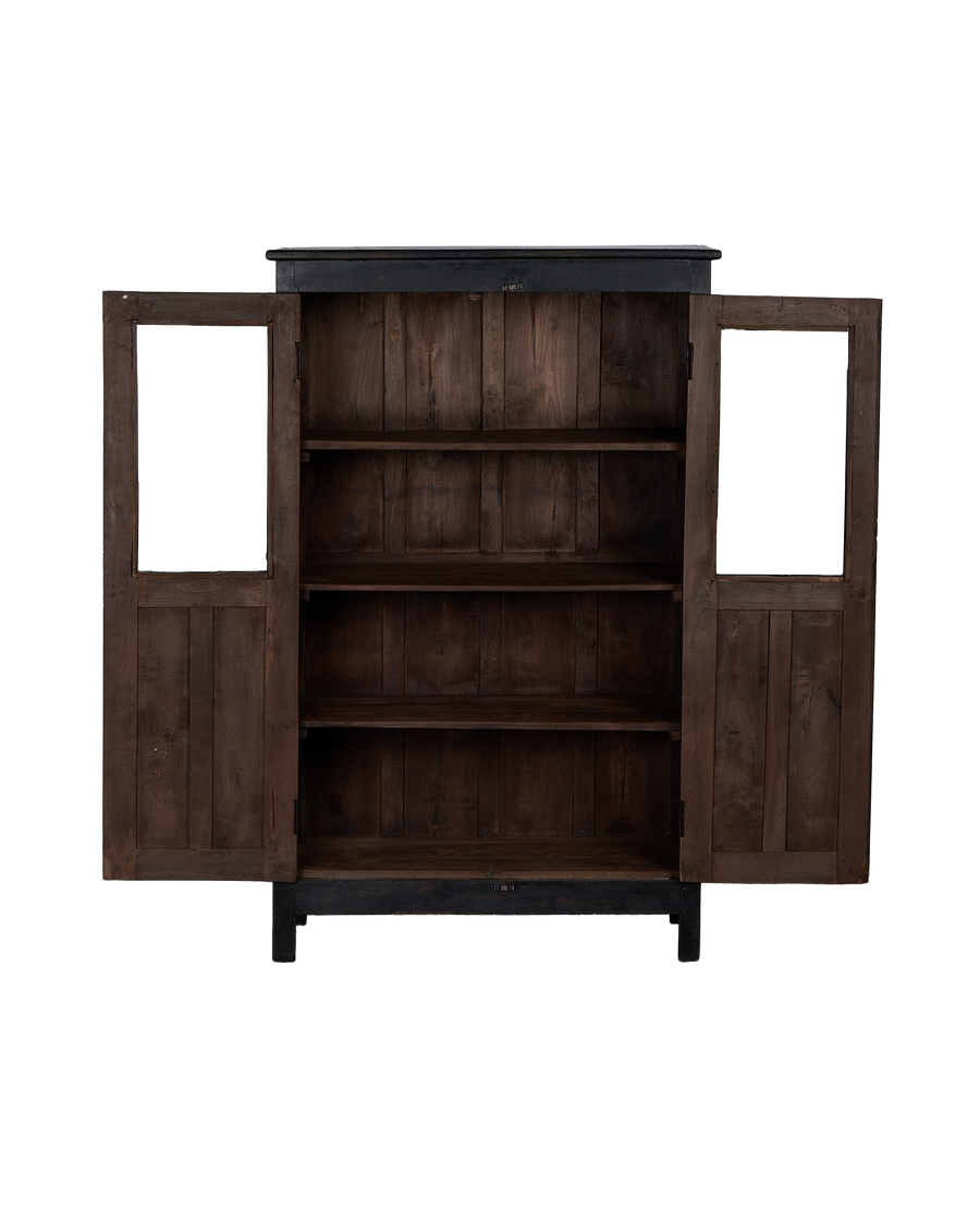 Vintage Indian OAK wood cabinet shown open, revealing three interior shelves.