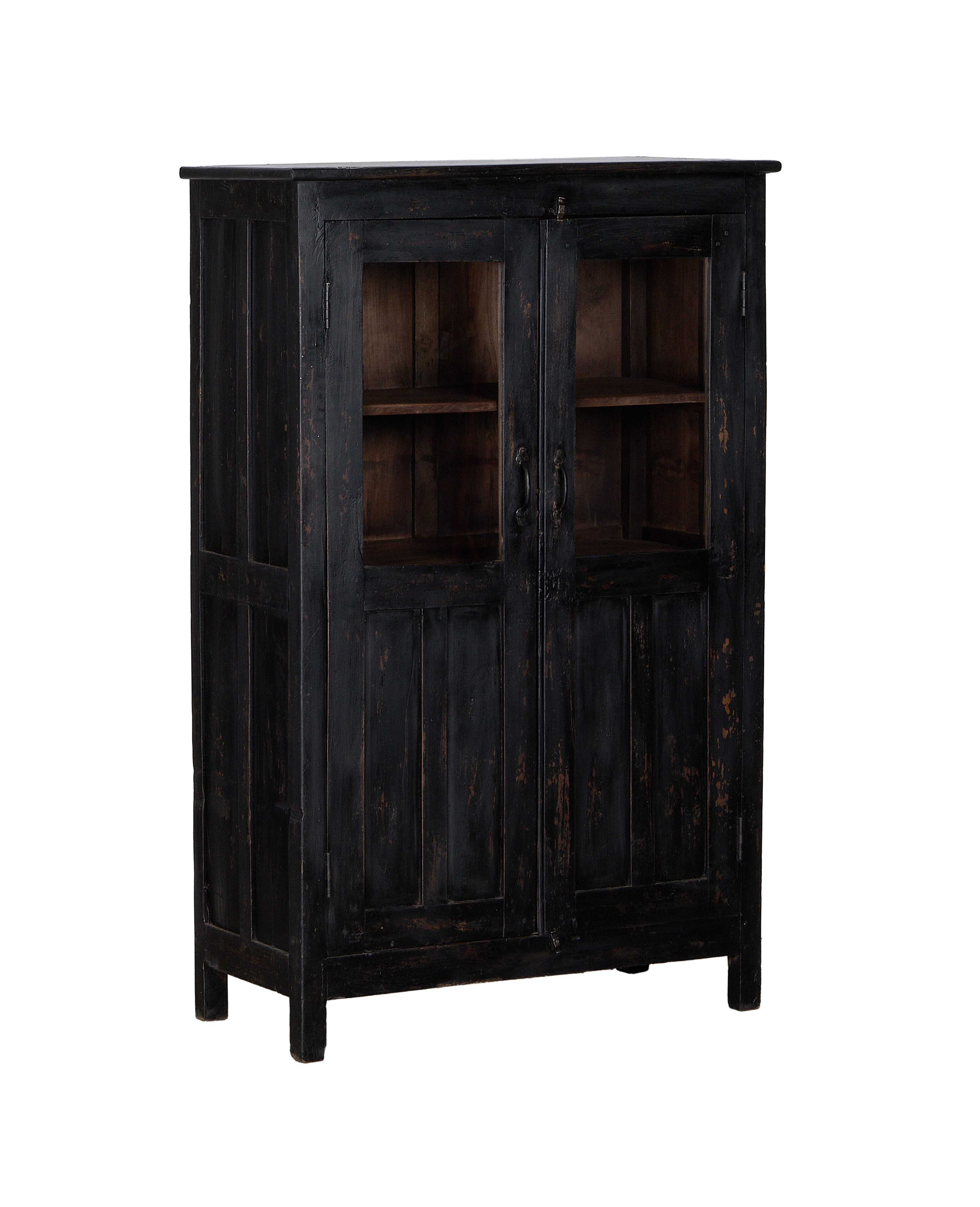 Vintage Indian oak cabinet, full frontal view, distressed black stained wood, clear glass doors.