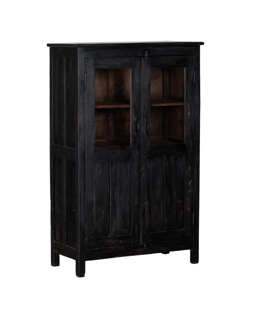 Vintage Indian oak cabinet, full frontal view, distressed black stained wood, clear glass doors.