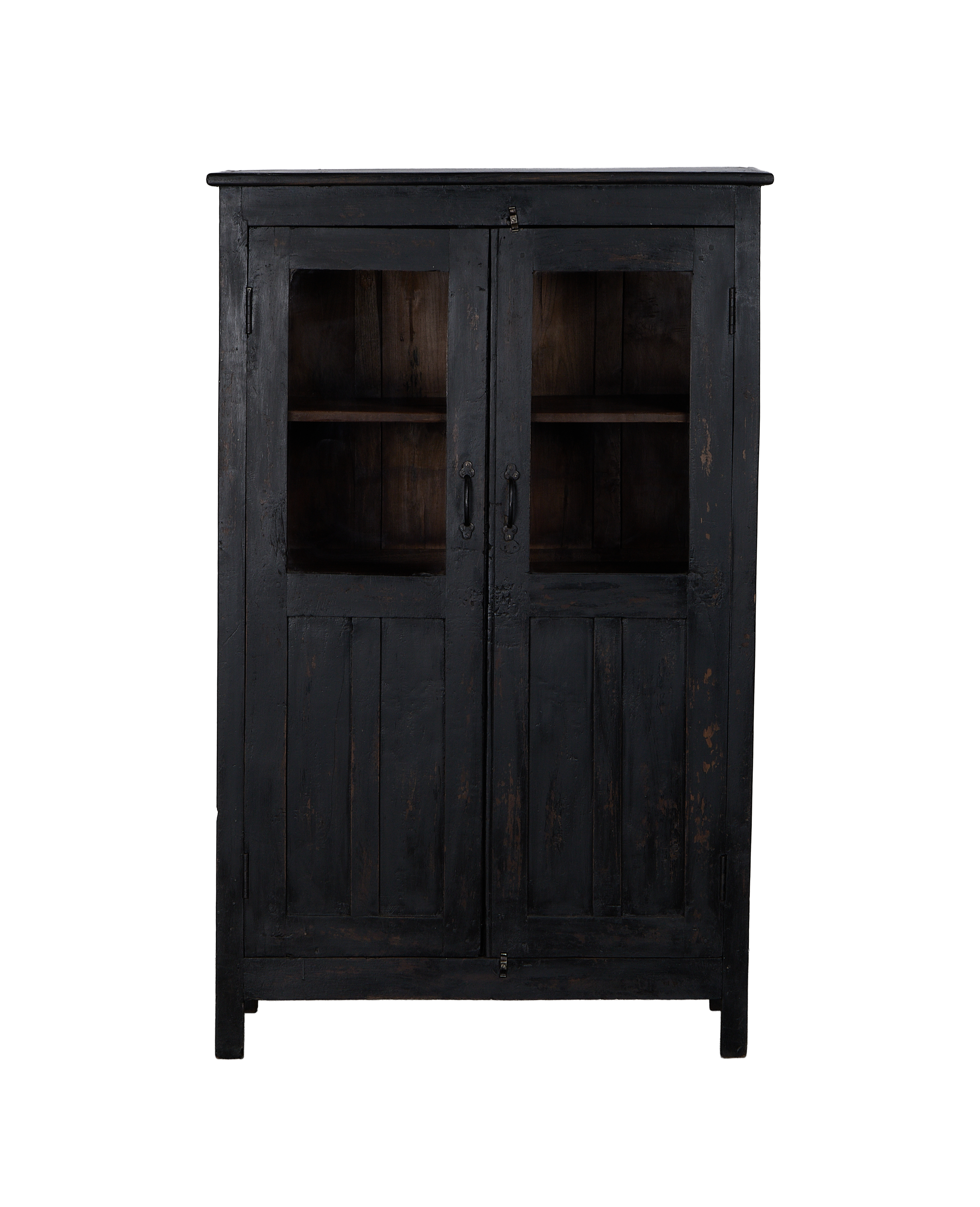 Vintage distressed black oak wood cabinet from India with glass doors.
