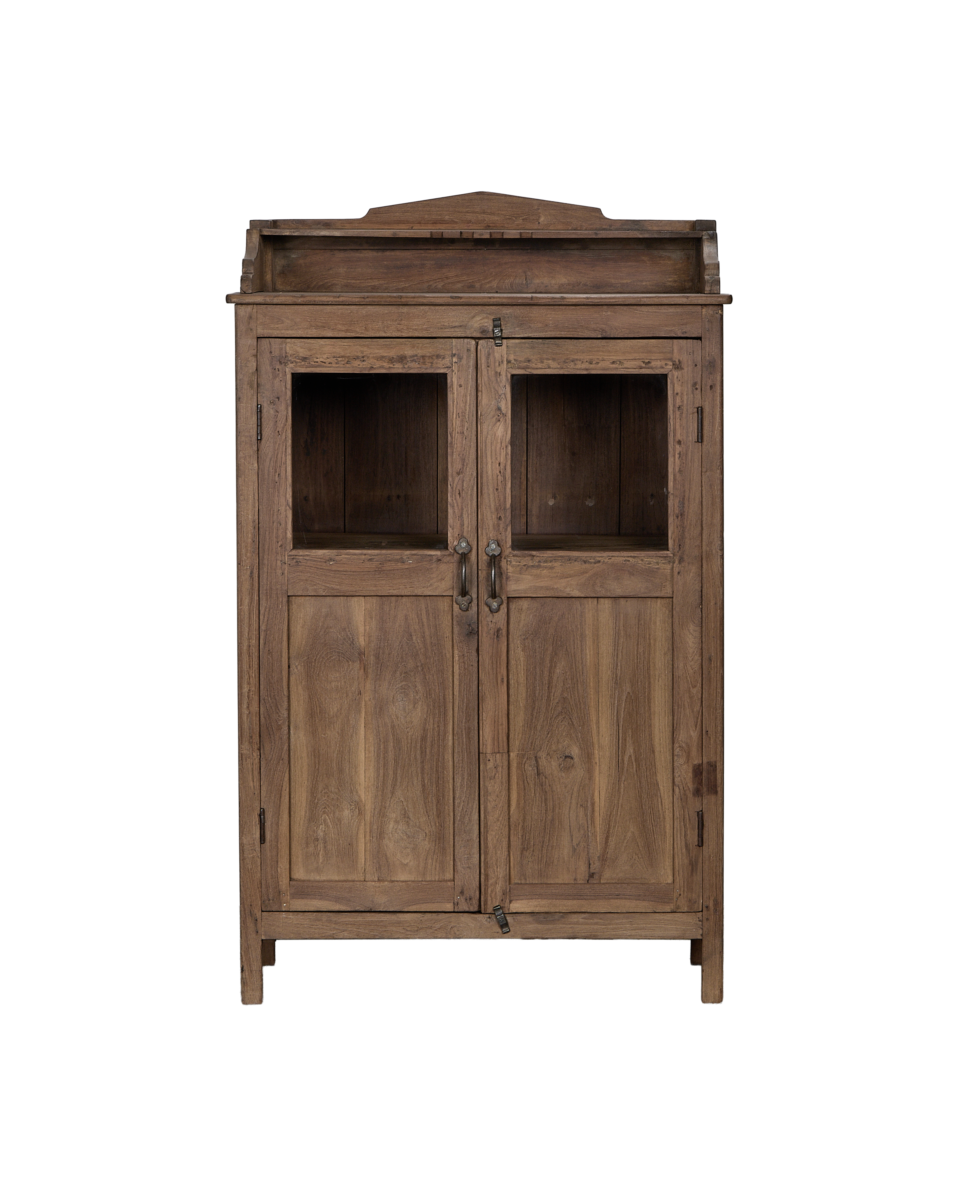 Vintage Indian oak cabinet, natural finish, with glass panels and ornate handles.
