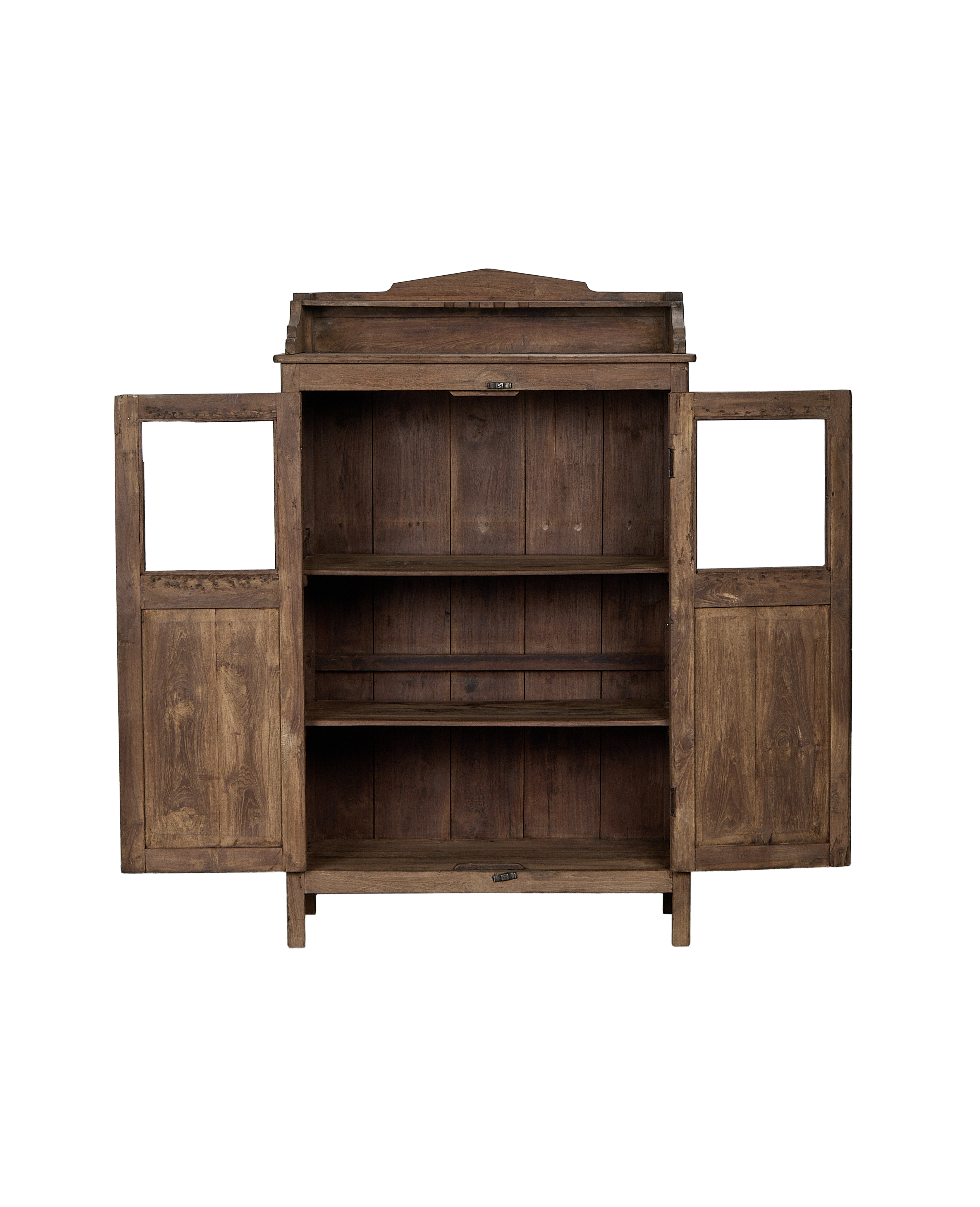 Vintage Indian oak cabinet, doors open revealing natural distressed wood shelving.