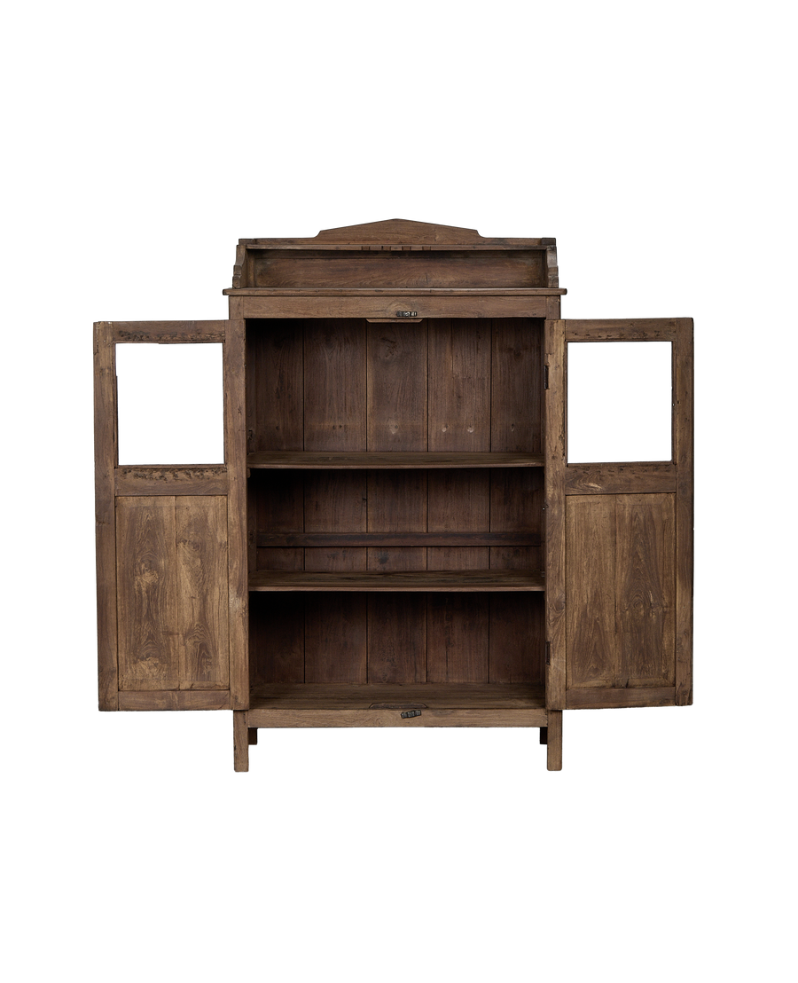 Vintage Indian oak cabinet, doors open revealing natural distressed wood shelving.
