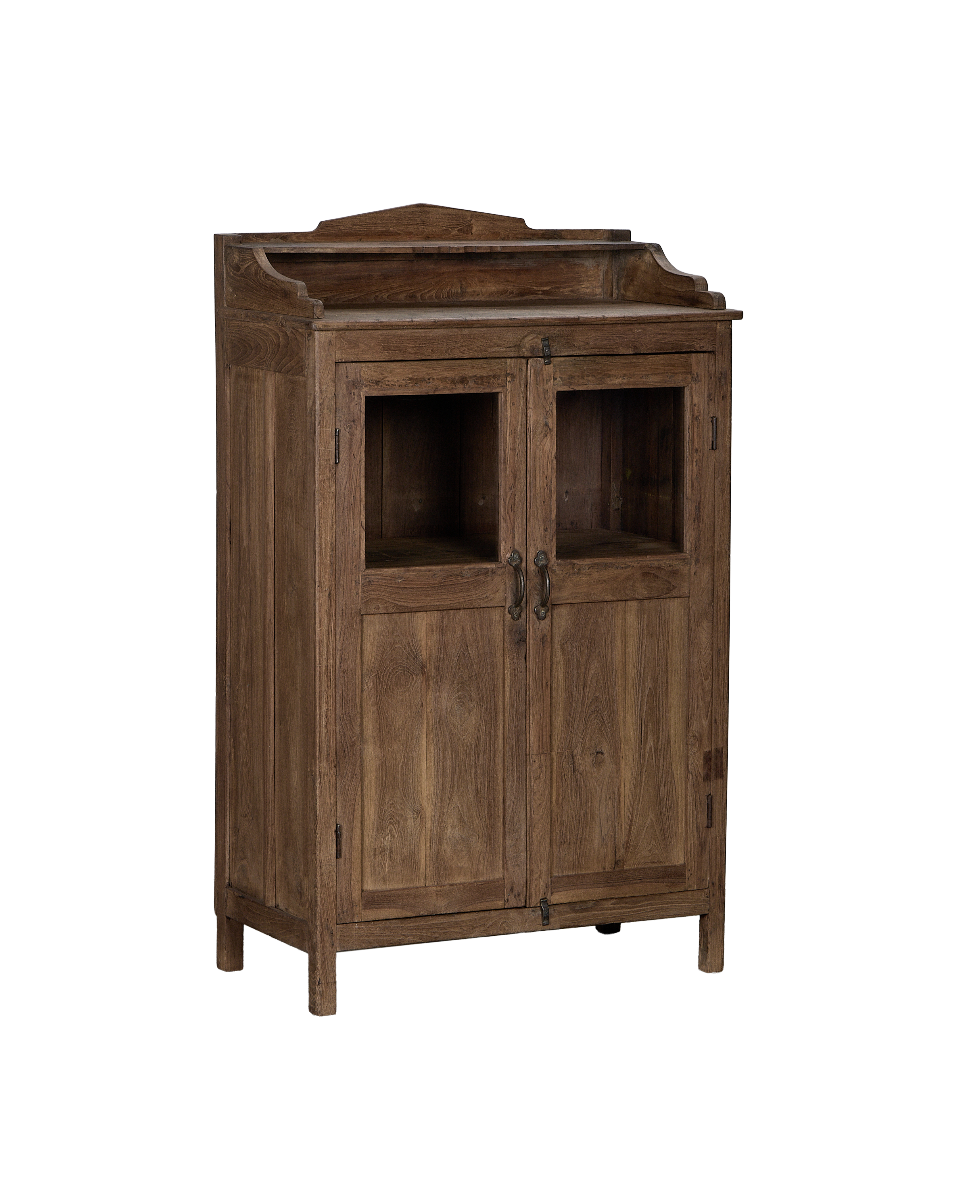 Vintage Indian wooden oak cabinet, front close-up showing glass panel doors and lower cupboards.