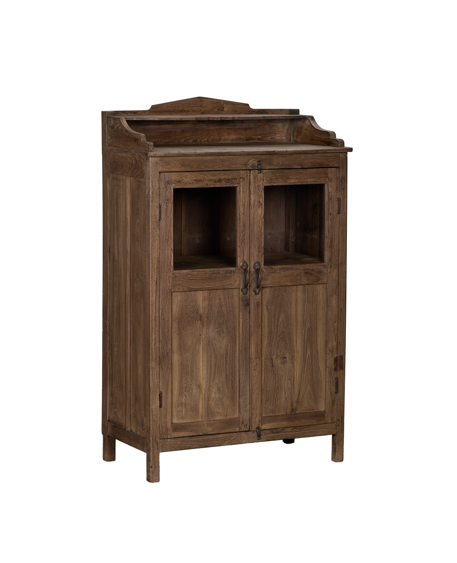 Vintage Indian wooden oak cabinet, front close-up showing glass panel doors and lower cupboards.