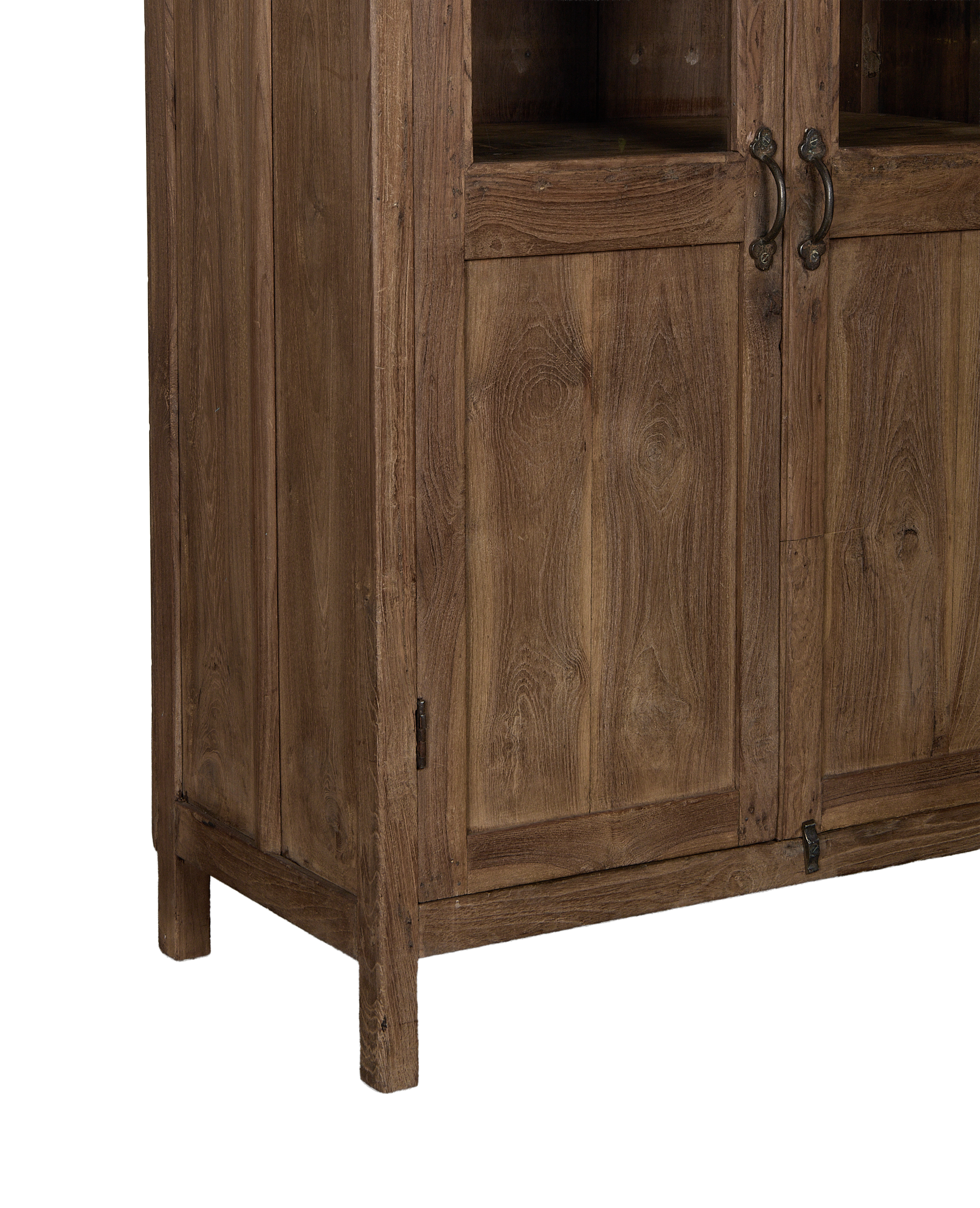 Vintage Indian oak wood cabinet, close-up showing distressed texture, bronze handles, and sturdy legs.
