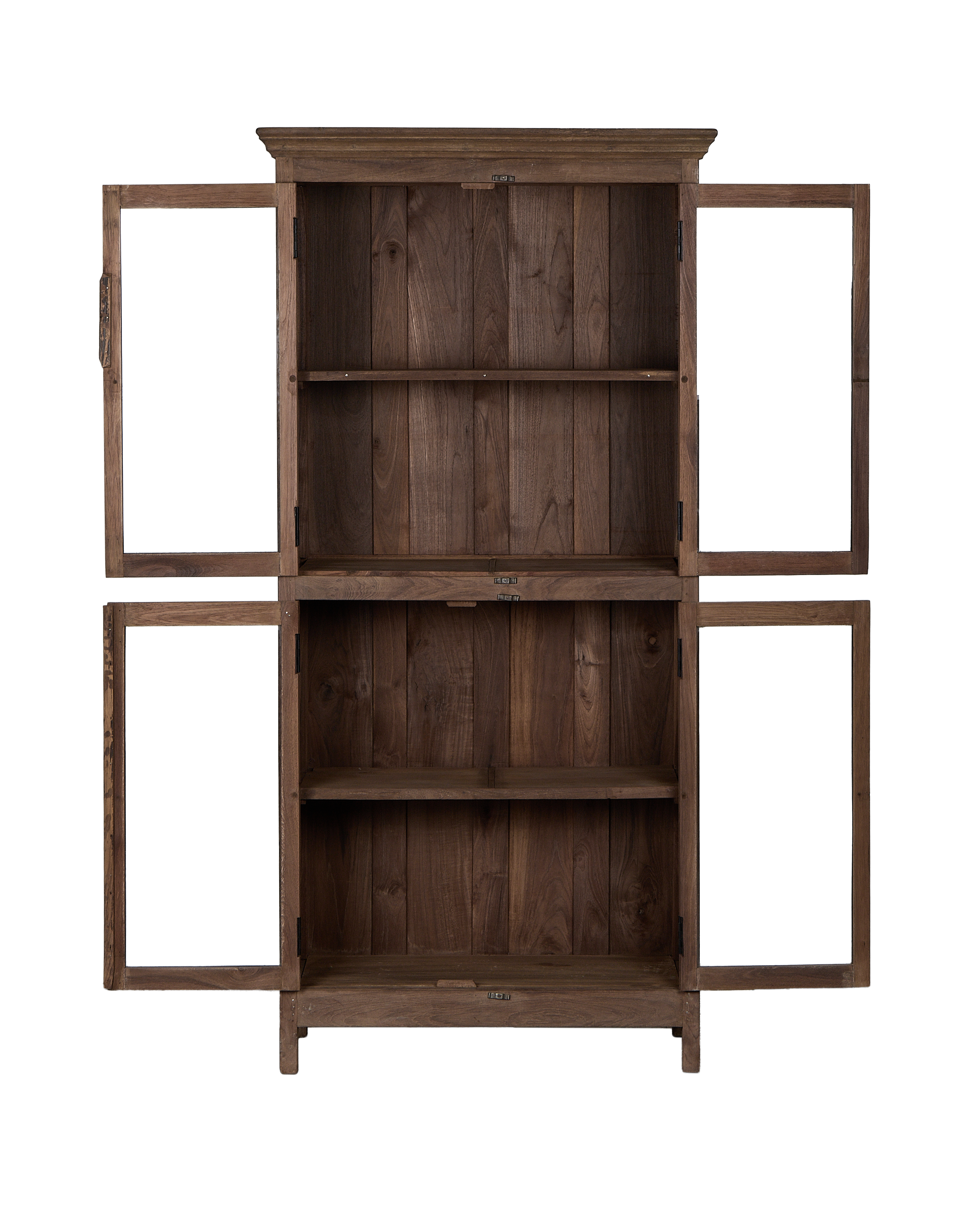 Vintage Indian open oak cabinet, detailed view of all glass doors ajar, showcasing interior shelves.