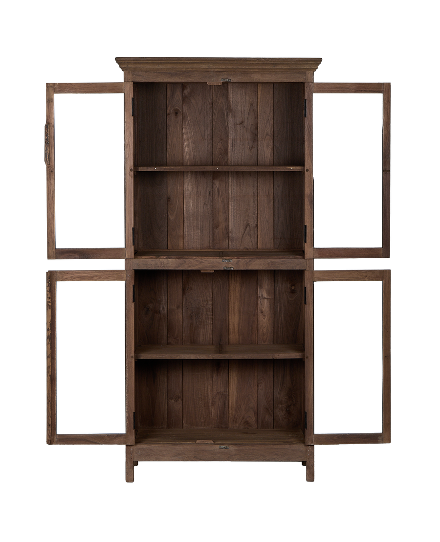 Vintage Indian open oak cabinet, detailed view of all glass doors ajar, showcasing interior shelves.