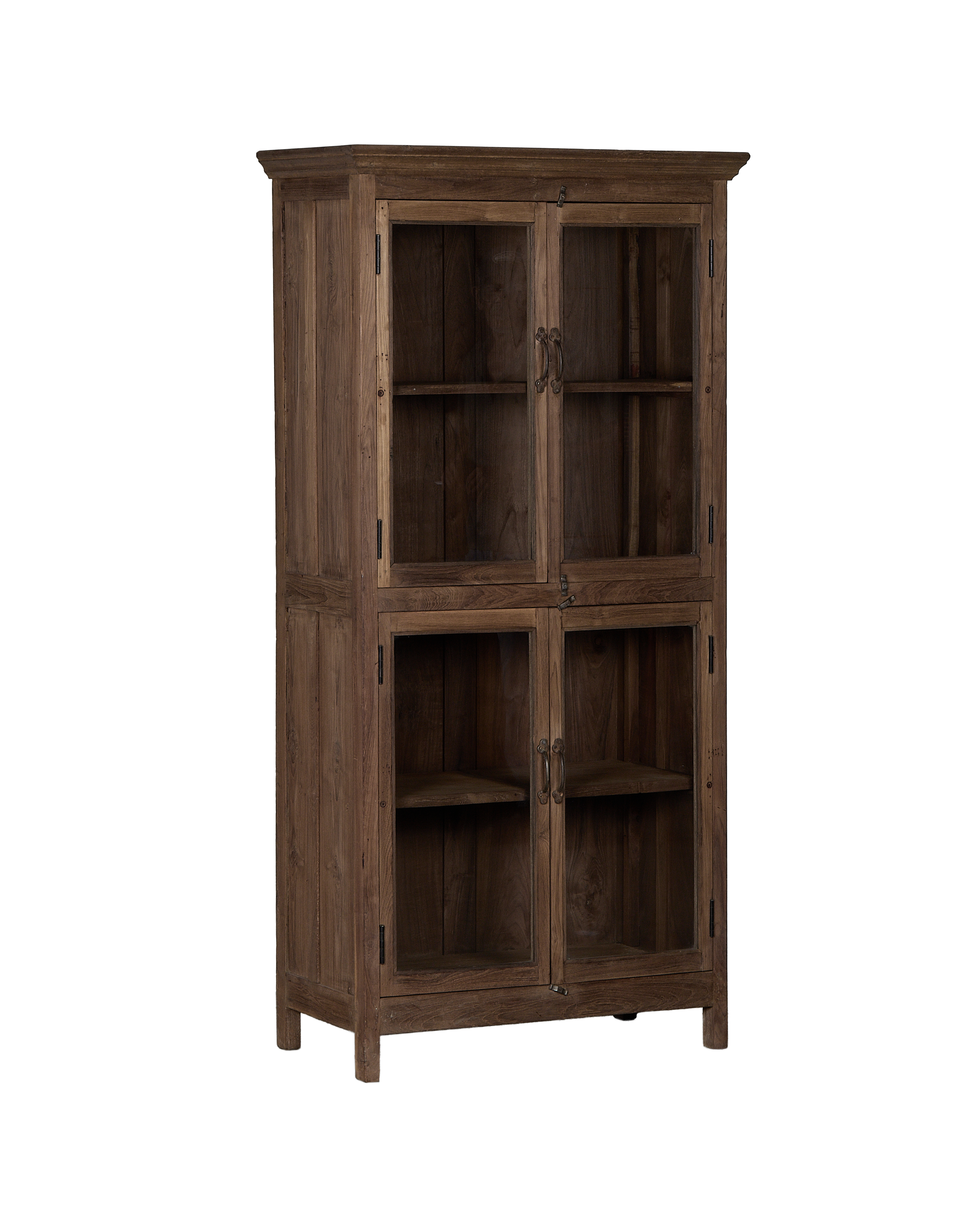 Vintage natural oak wood cabinet from India, showing sturdy frame and glass doors.