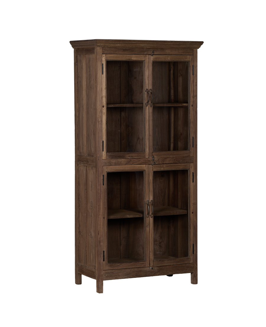 Vintage natural oak wood cabinet from India, showing sturdy frame and glass doors.