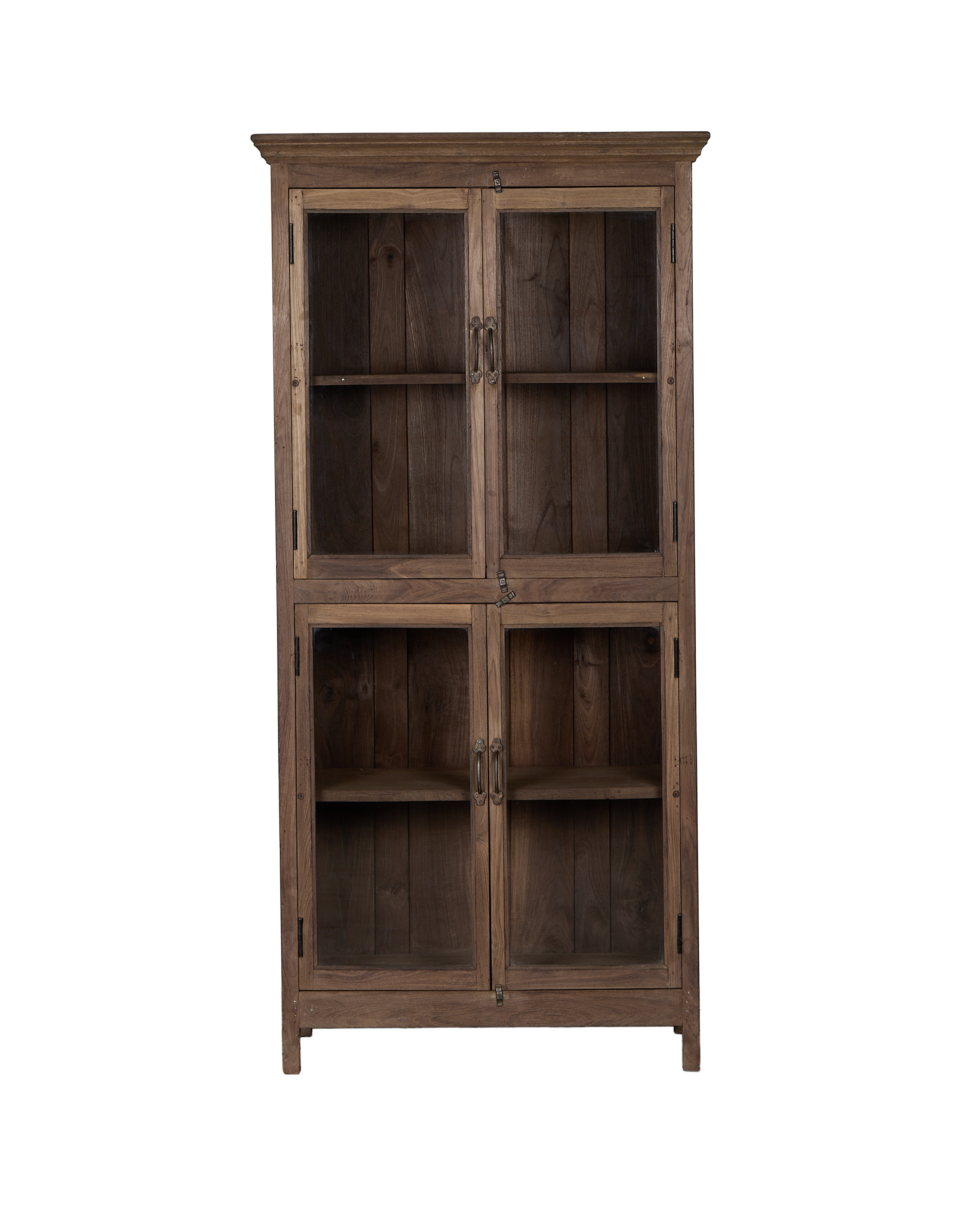 Vintage Indian natural oak wood cabinet with glass-fronted upper and lower doors.